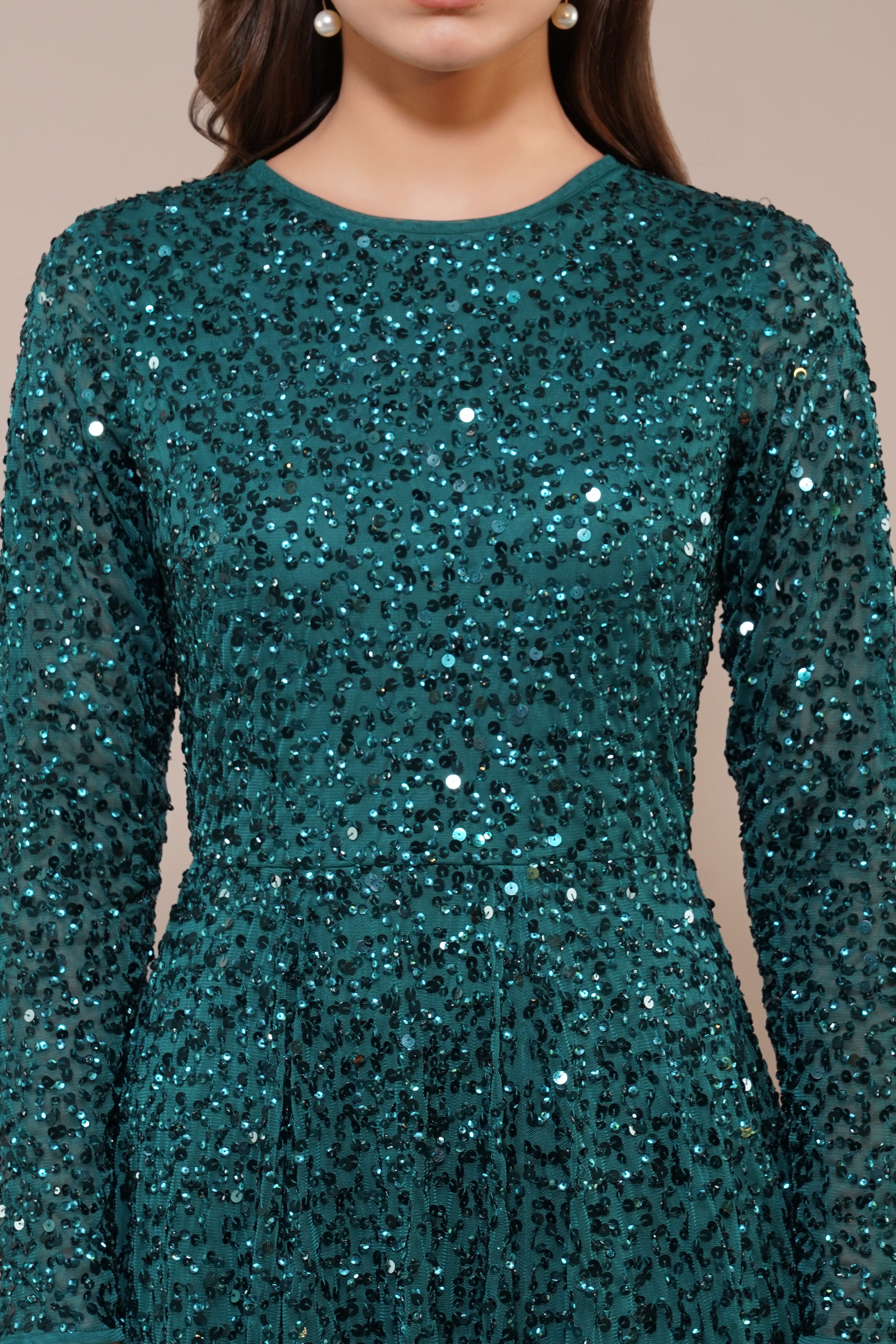 Sila Long Sleeve Embellished Maxi Dress in Emerald Green – Lace & Beads