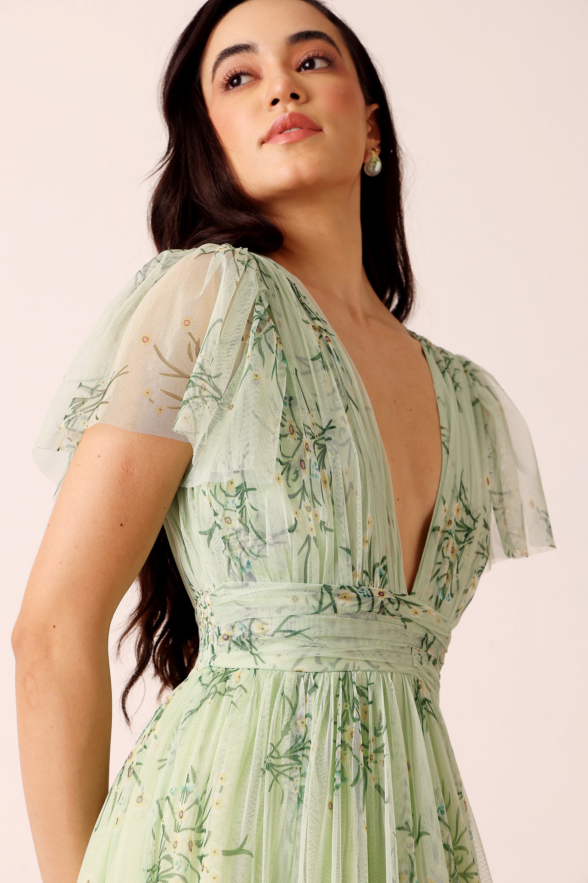 Smocked Madison Tulle Midi Dress in Pistachio Floral – Lace & Beads