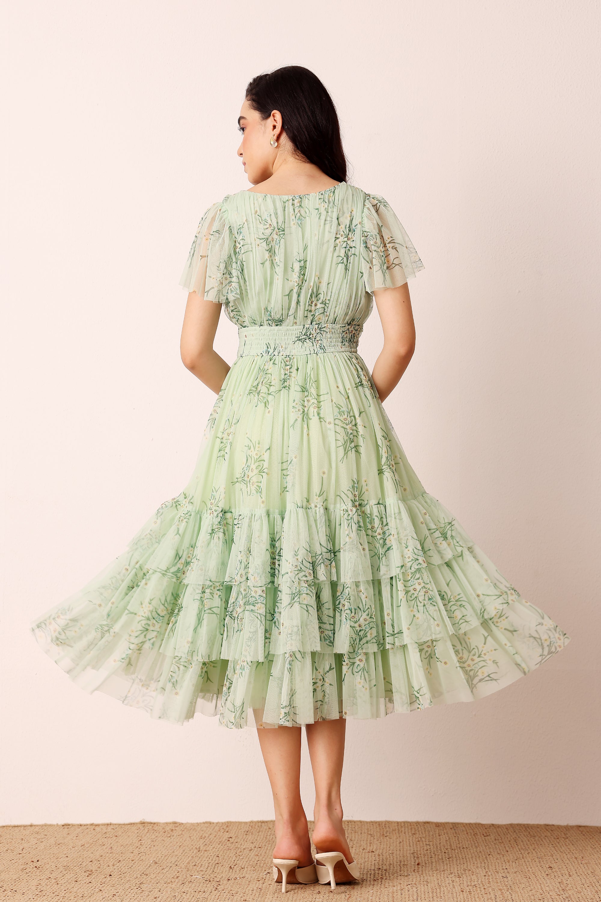 Smocked Madison Tulle Midi Dress in Pistachio Floral – Lace & Beads