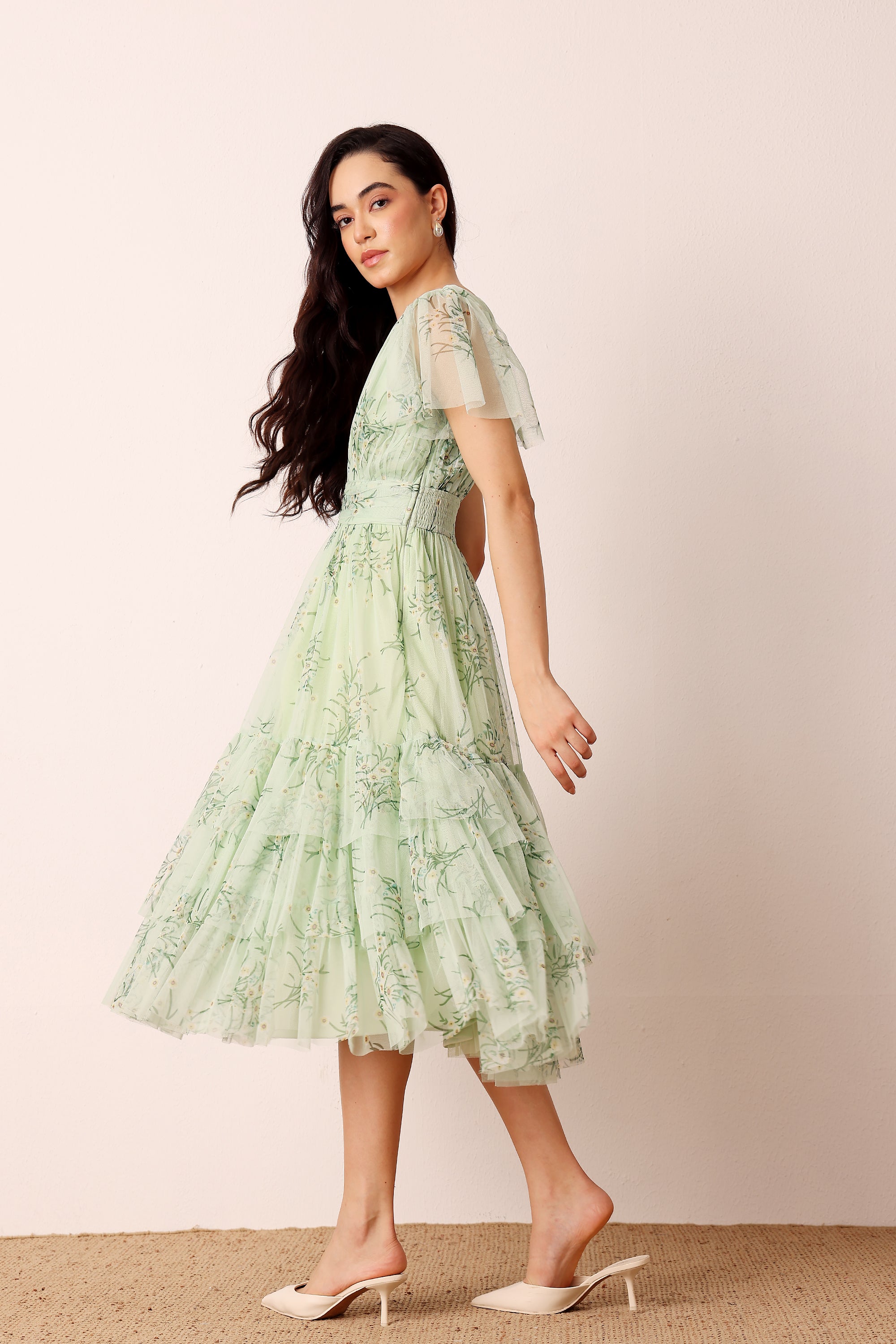 Smocked Madison Tulle Midi Dress in Pistachio Floral