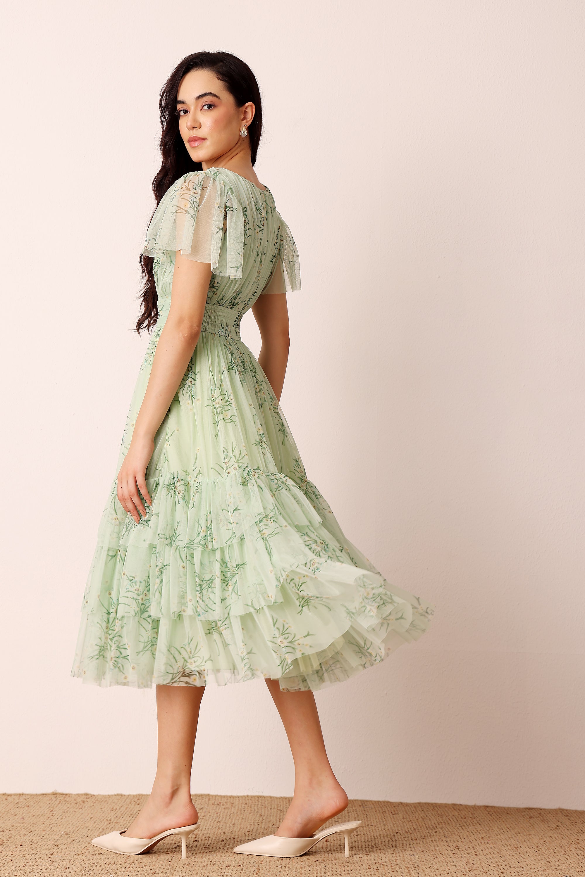 Smocked Madison Tulle Midi Dress in Pistachio Floral