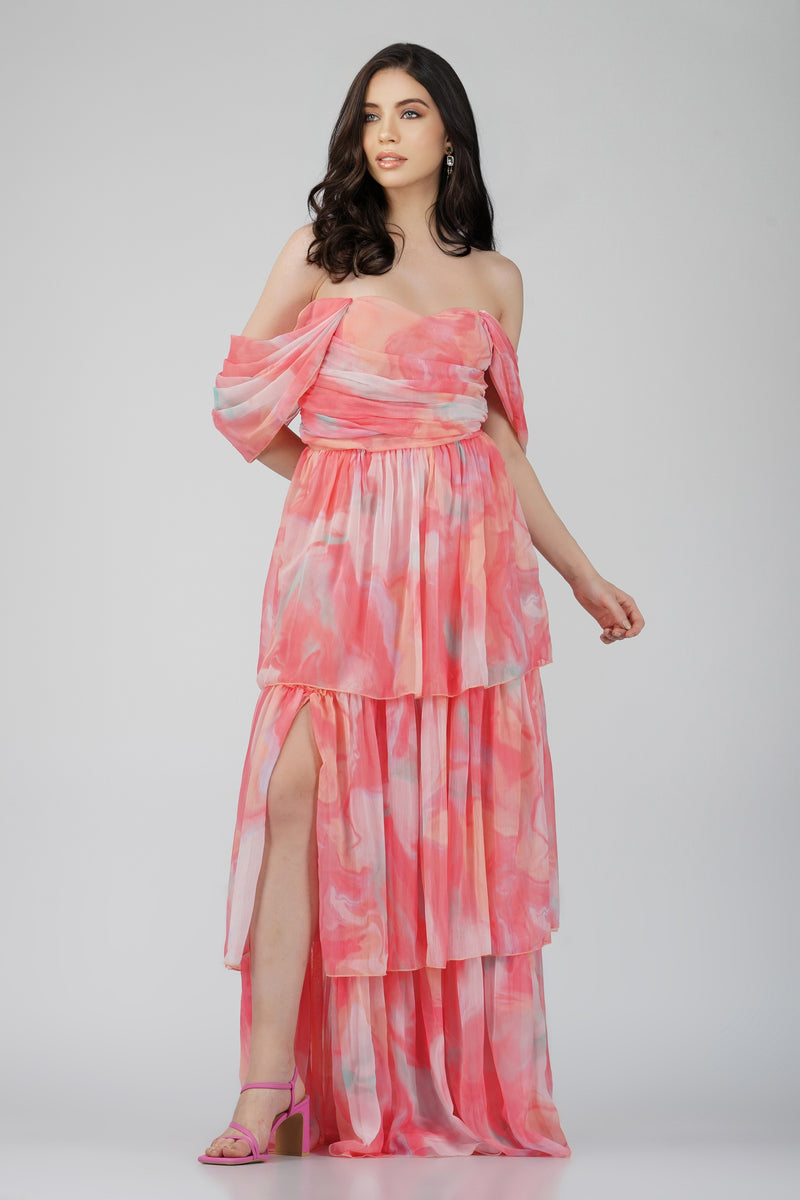 Sydney Chiffon Maxi Dress in Coral Print