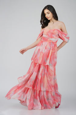 Sydney Chiffon Maxi Dress in Coral Print