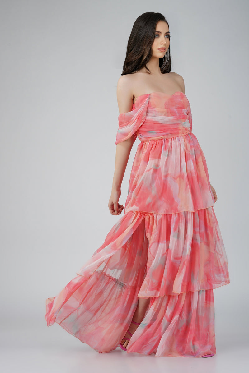 Sydney Chiffon Maxi Dress in Coral Print Lace Beads