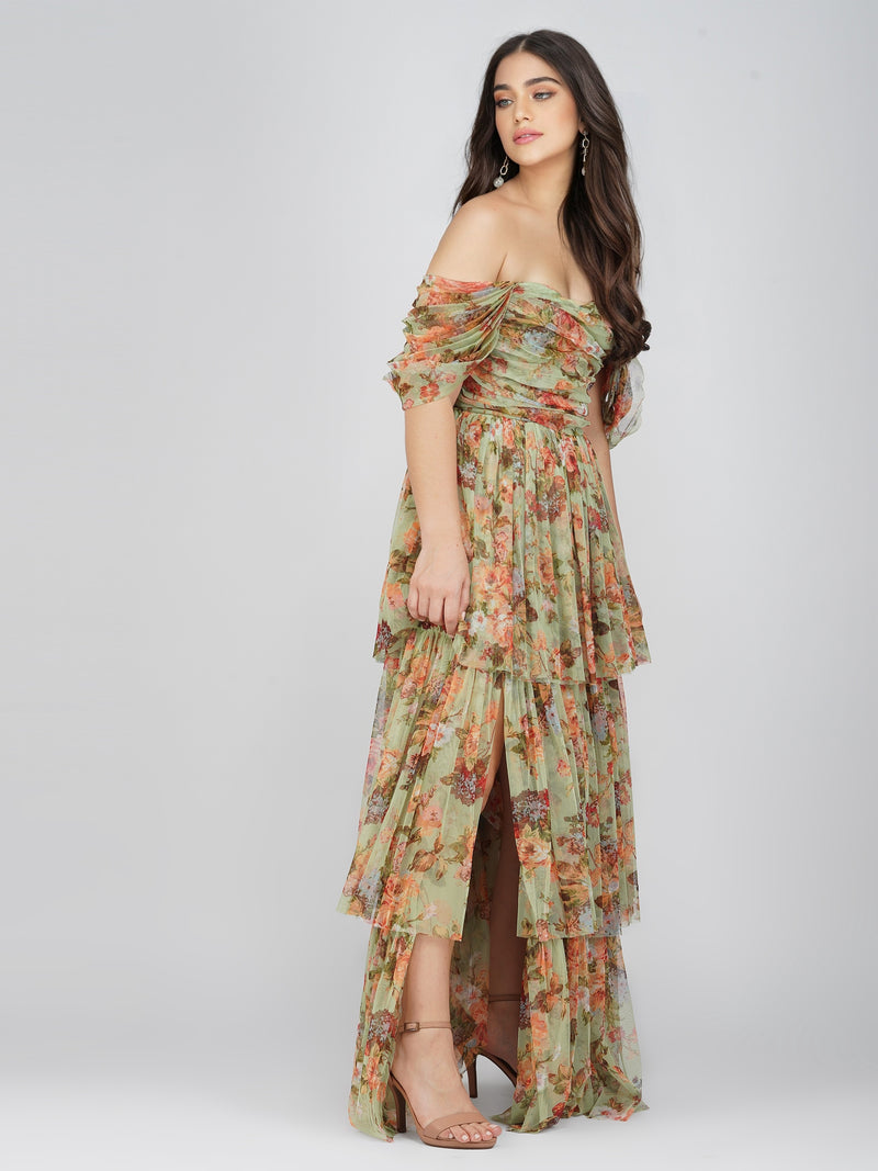 Sydney Tulle Maxi Dress in Green Floral