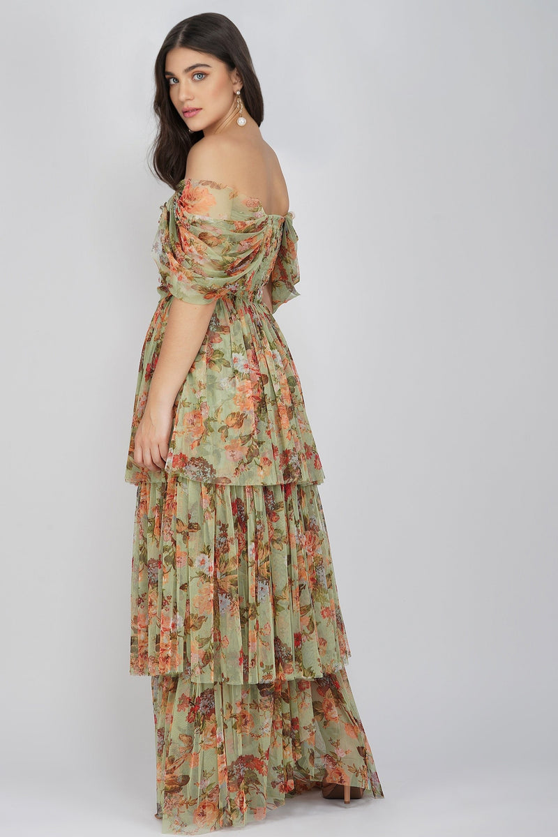 Sydney Tulle Maxi Dress in Green Floral