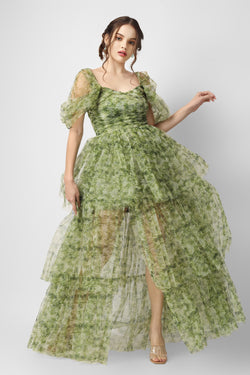 Sydney Tulle Maxi Dress in Green Print