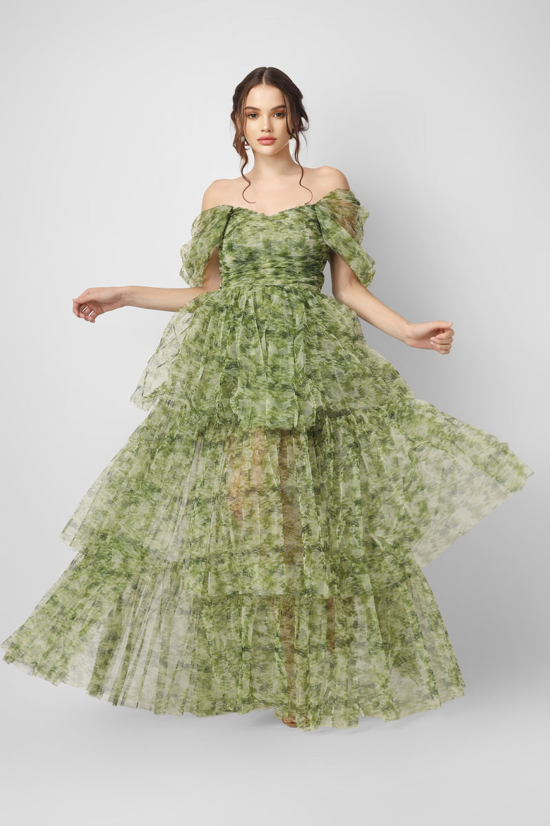 Sydney Tulle Maxi Dress in Green Print