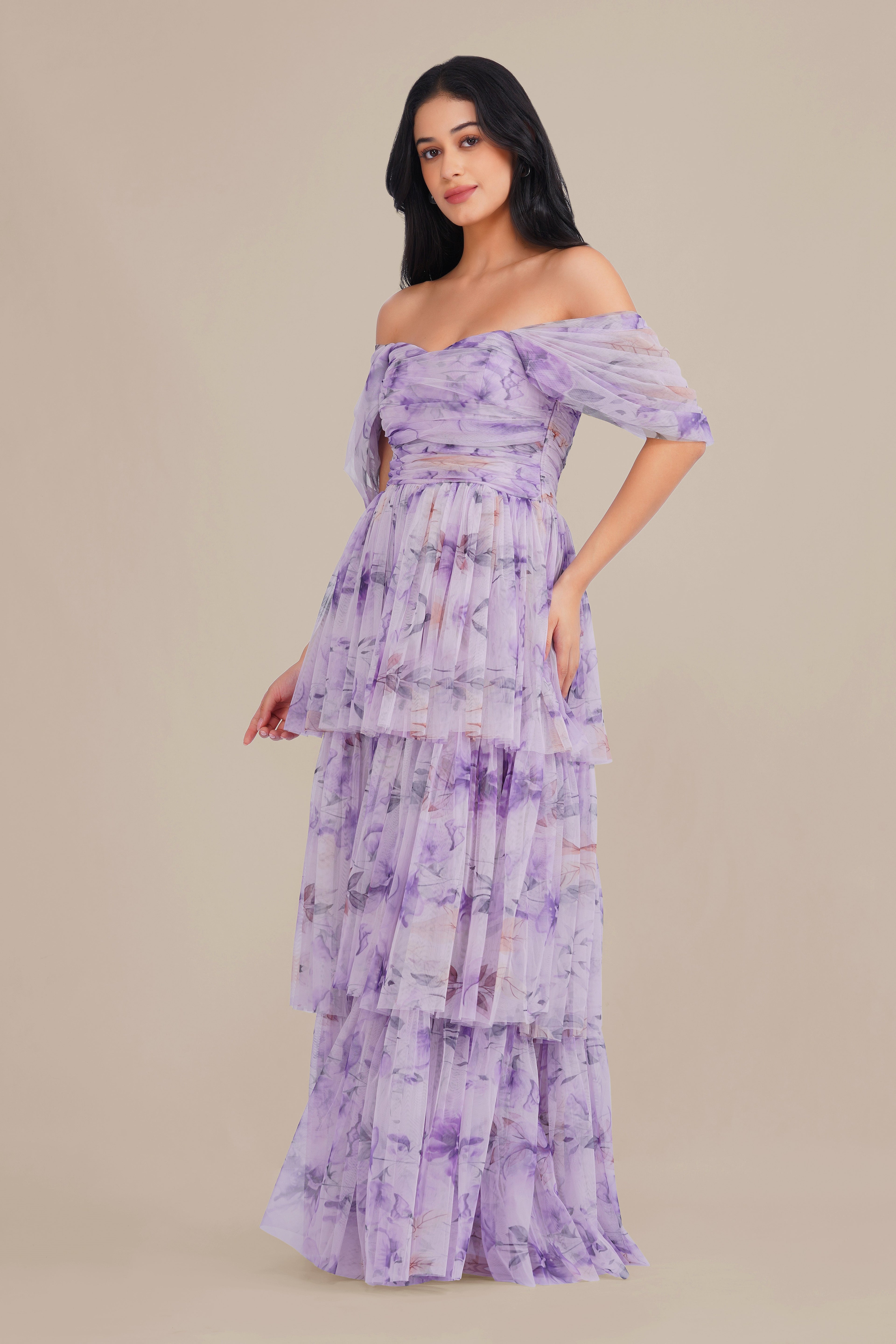 Sydney Soft Tulle Maxi Dress in Lilac Floral