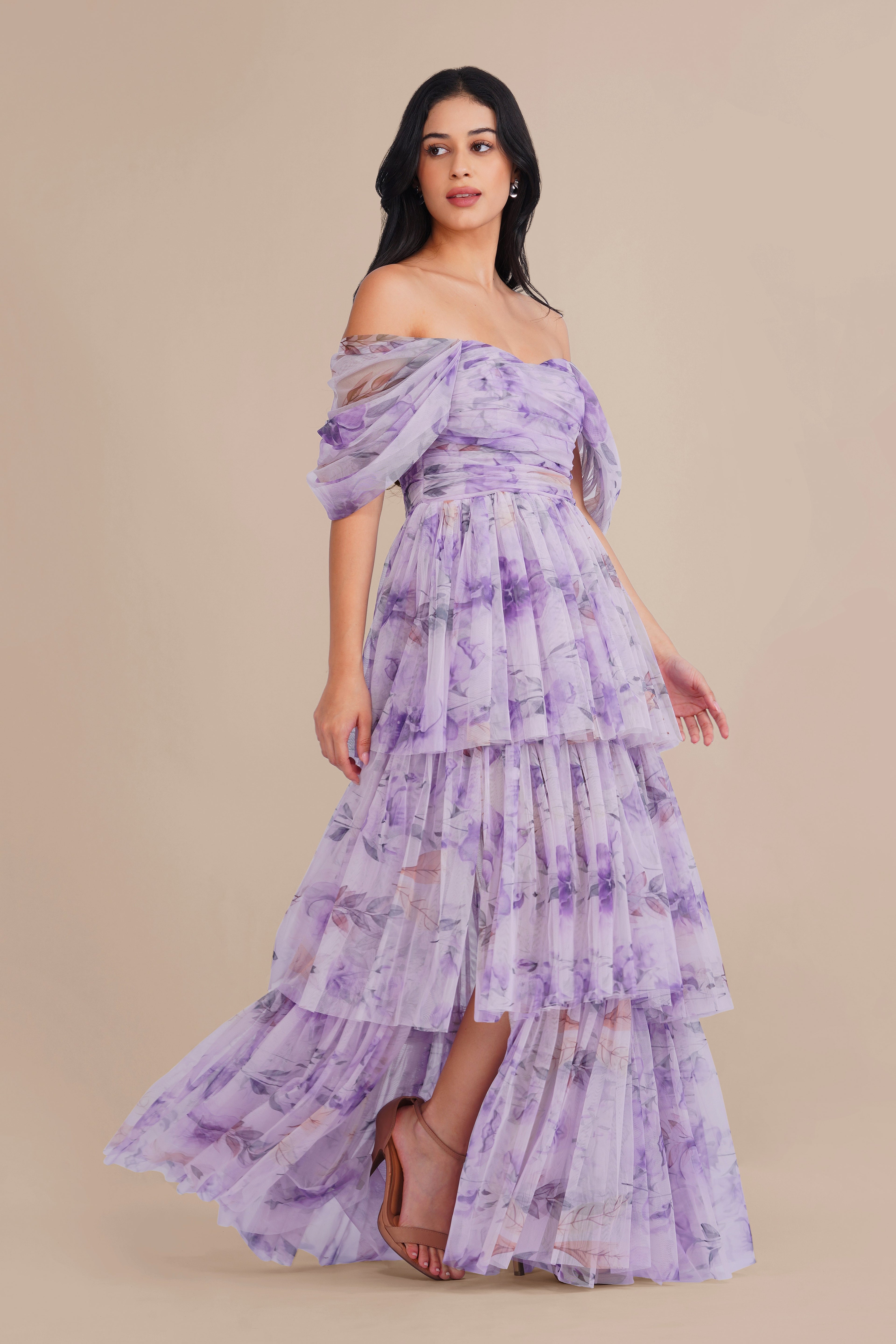 Sydney Soft Tulle Maxi Dress in Lilac Floral