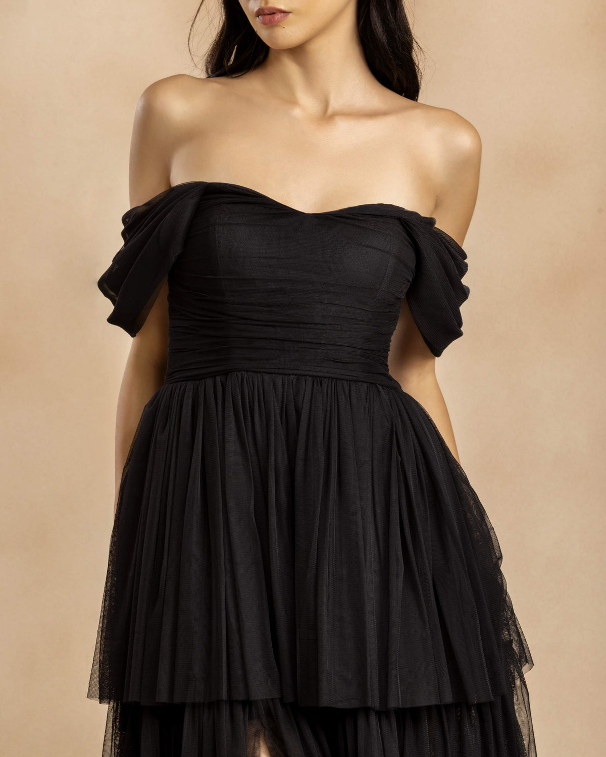 Sydney Off Shoulder Soft Tulle Maxi Dress in Black