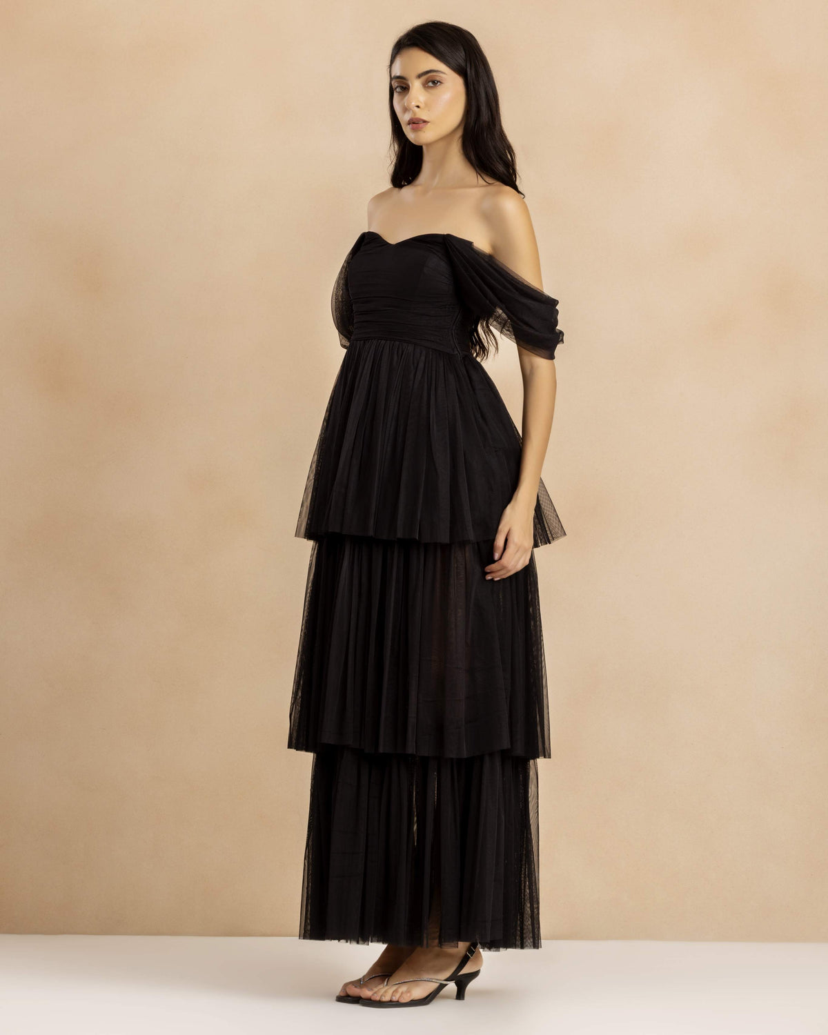 Sydney Off Shoulder Soft Tulle Maxi Dress in Black