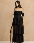 Sydney Off Shoulder Soft Tulle Maxi Dress in Black