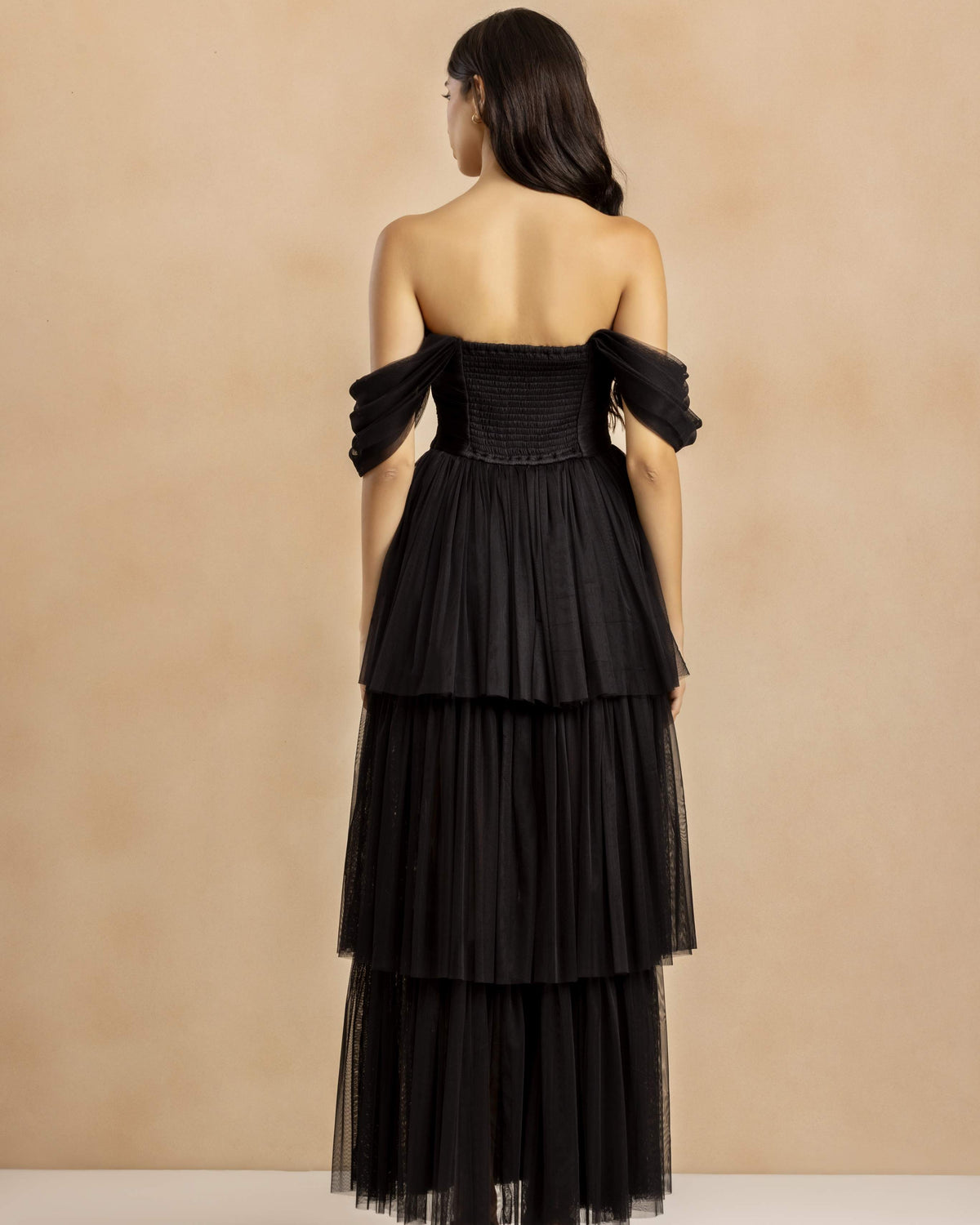Sydney Off Shoulder Soft Tulle Maxi Dress in Black