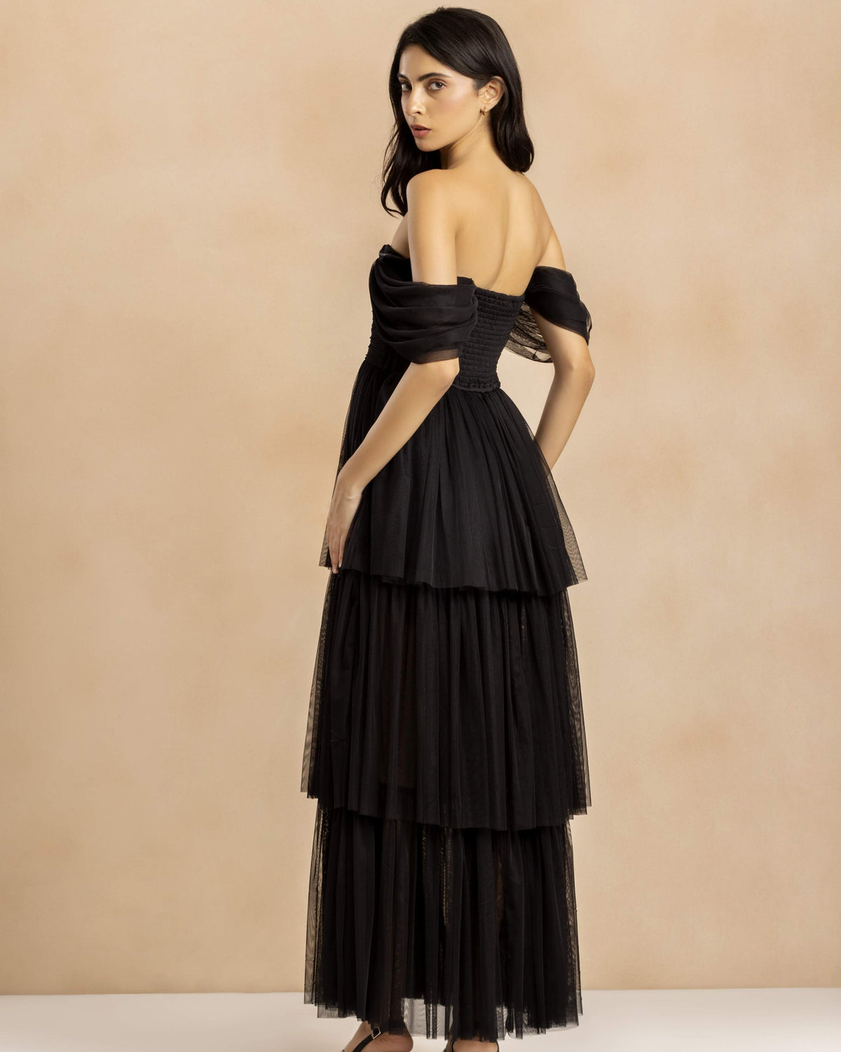 Sydney Off Shoulder Soft Tulle Maxi Dress in Black