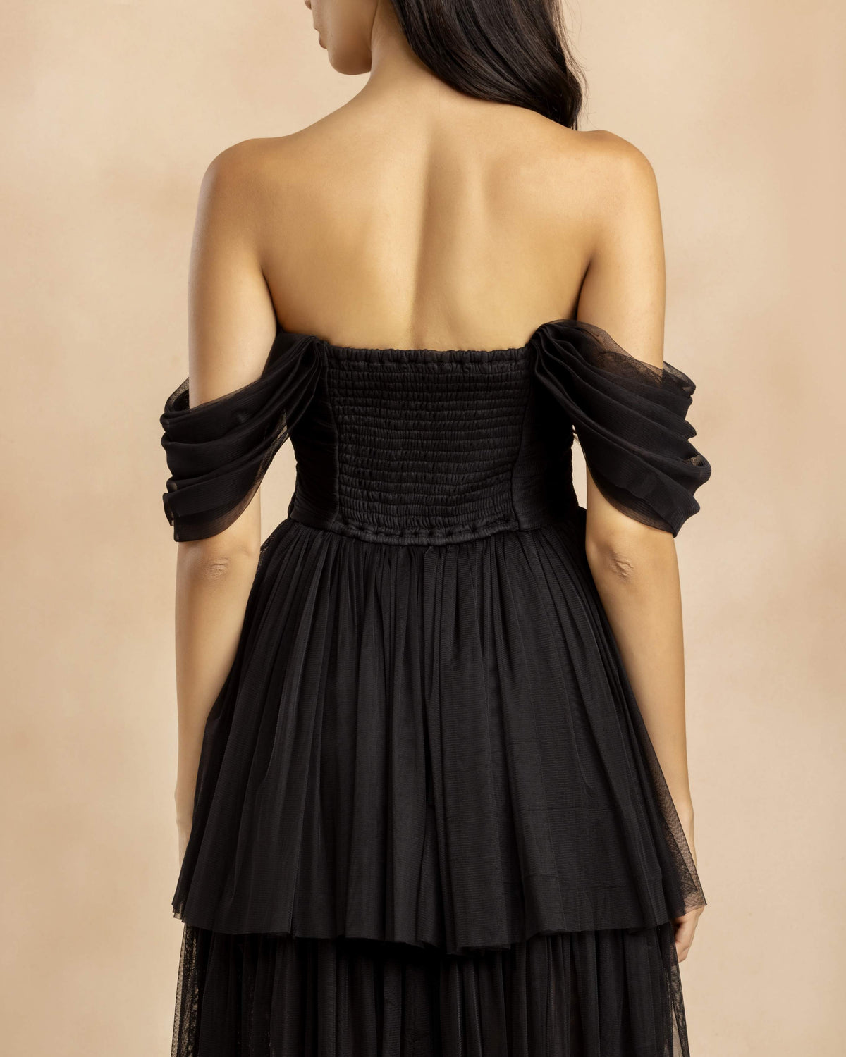 Sydney Off Shoulder Soft Tulle Maxi Dress in Black