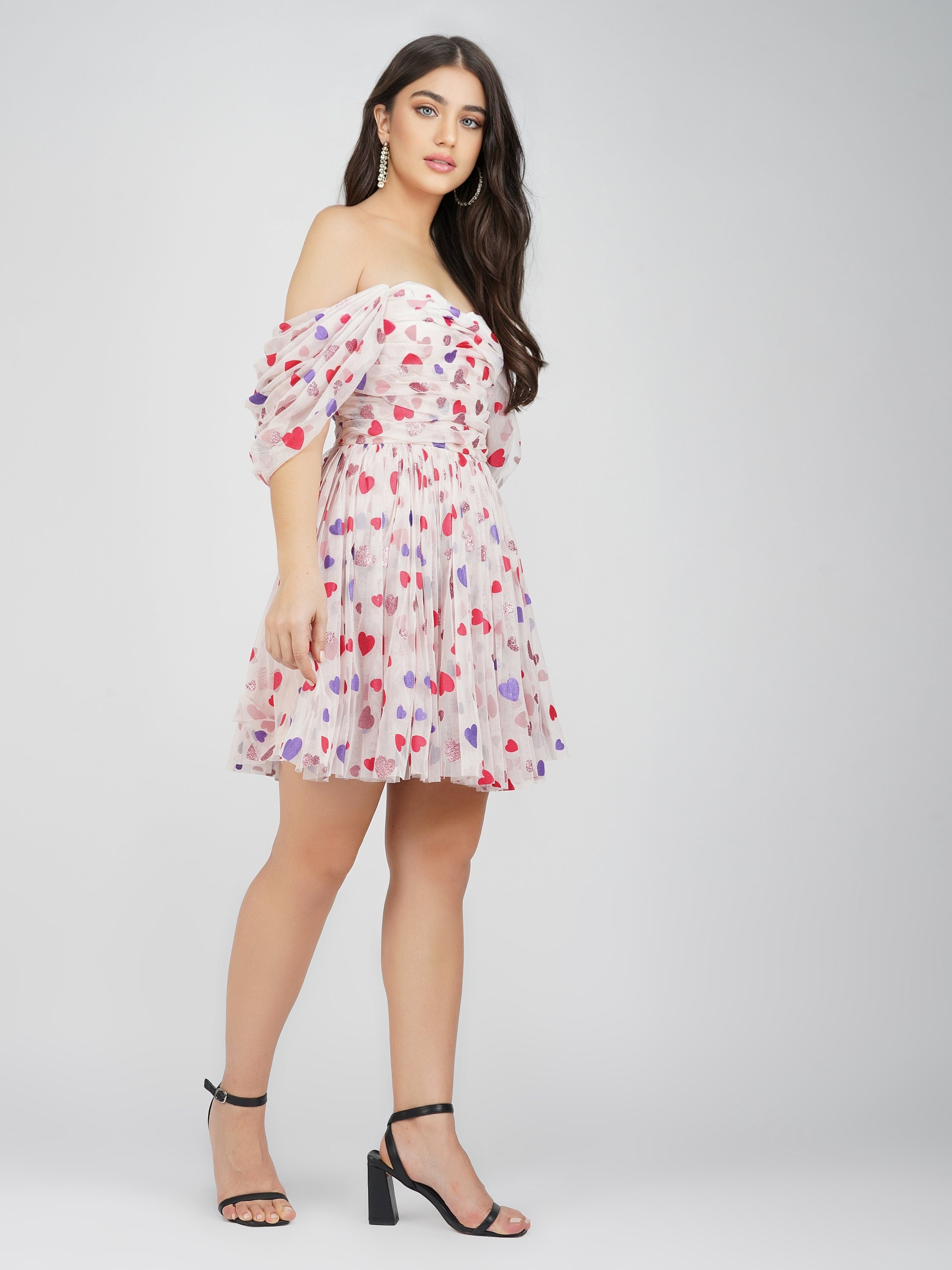 lace and beads heart dress 3-D Heart Applique Bead Layered Skirt Mesh A-line Long Dress XL / Lilac