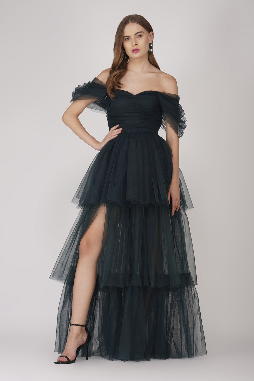Sydney Off Shoulder Tulle Maxi Dress in Emerald Green