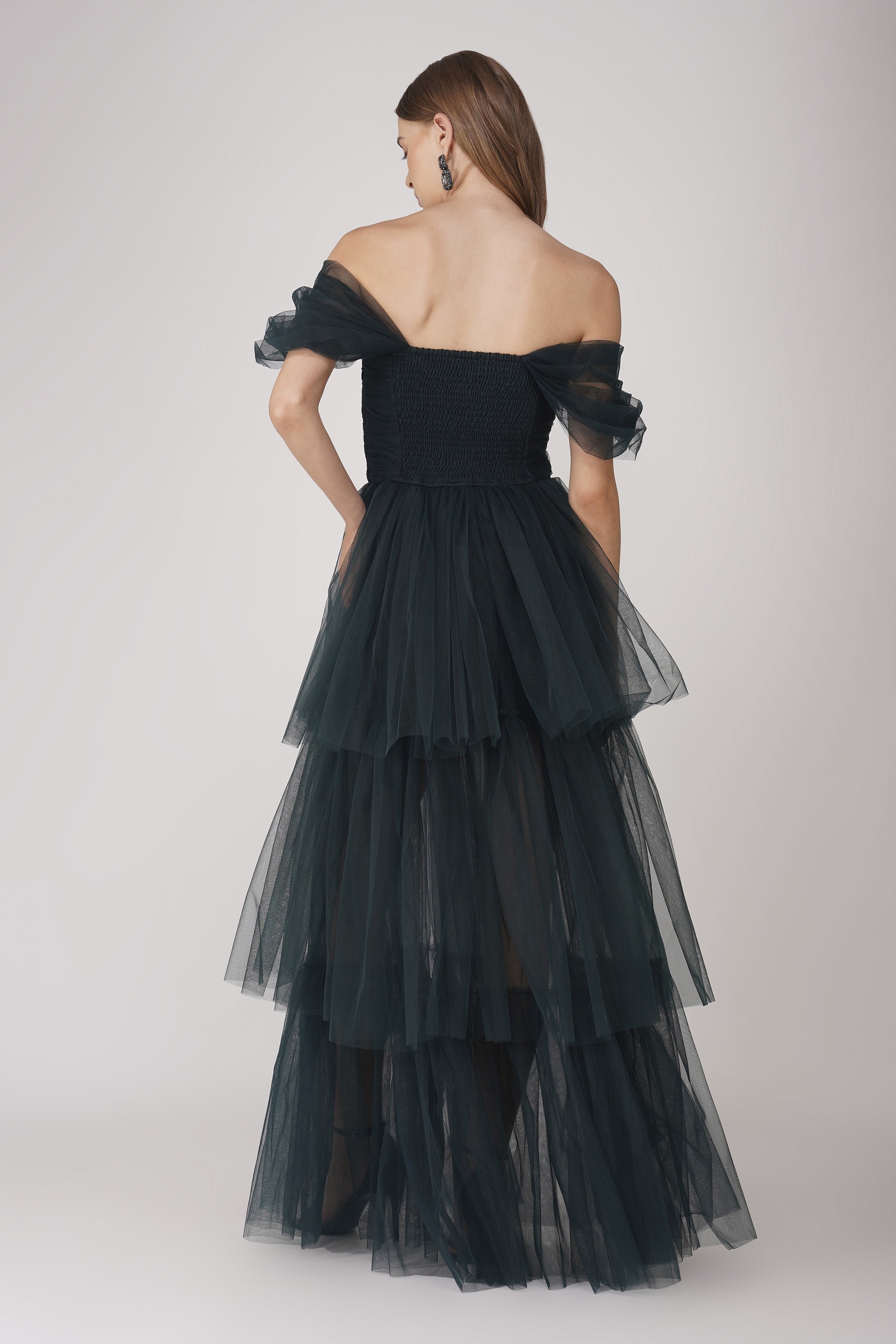 Sydney Off Shoulder Tulle Maxi Dress in Emerald Green