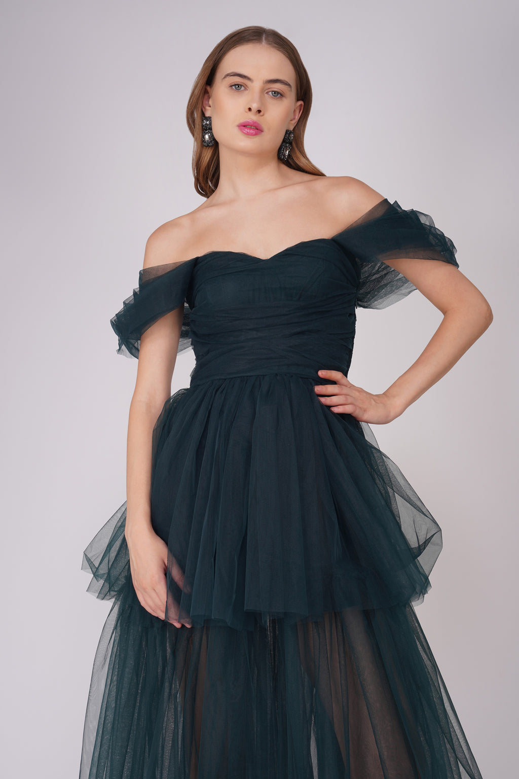 Sydney Off Shoulder Tulle Maxi Dress in Emerald Green