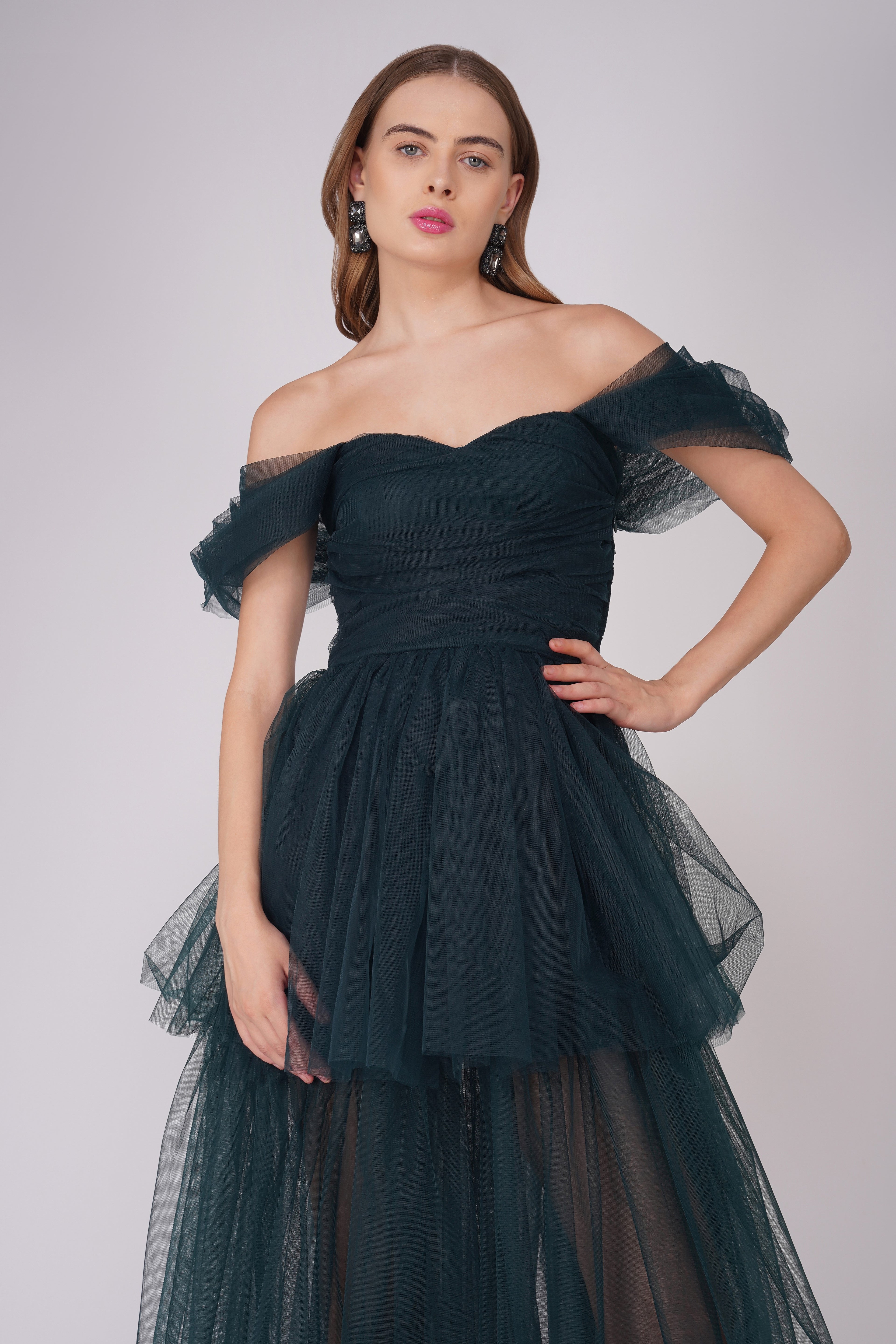 Sydney Off Shoulder Tulle Maxi Dress in Emerald Green