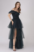 Sydney Off Shoulder Tulle Maxi Dress in Emerald Green