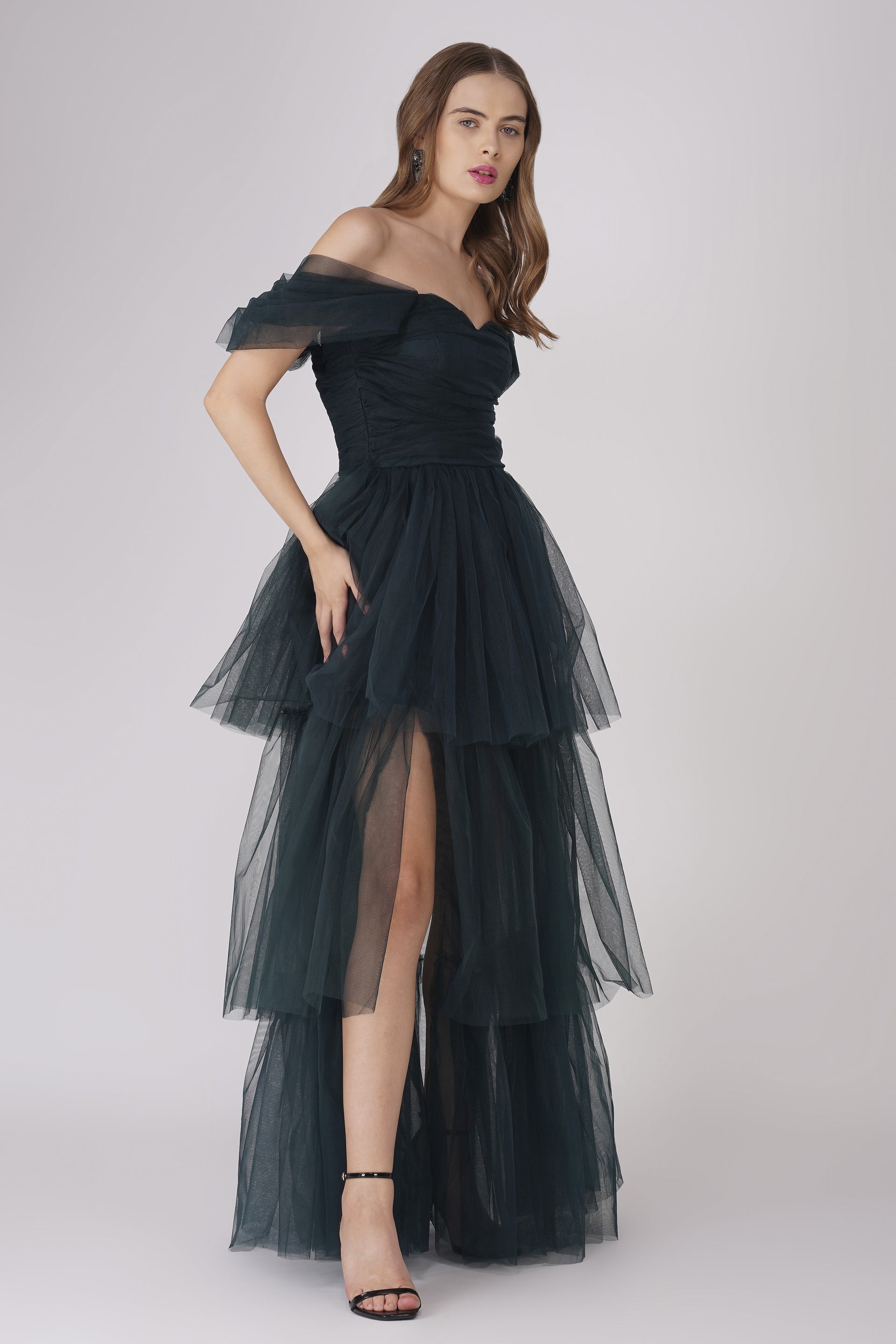 Sydney Off Shoulder Tulle Maxi Dress in Emerald Green – Lace & Beads