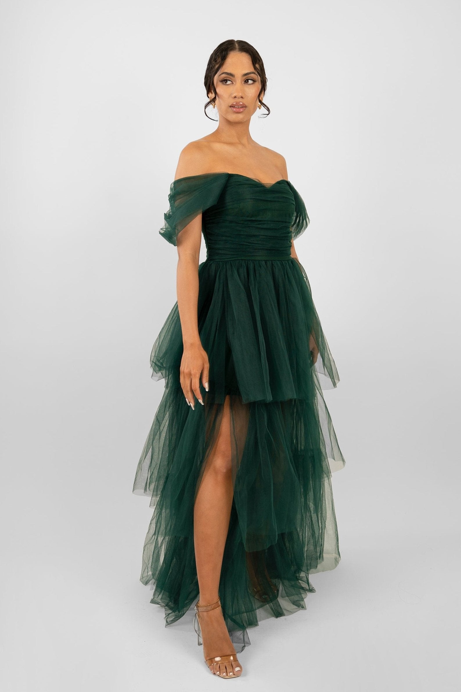 green tulle maxi dress off-shoulder thigh-slit sweetheart neckline