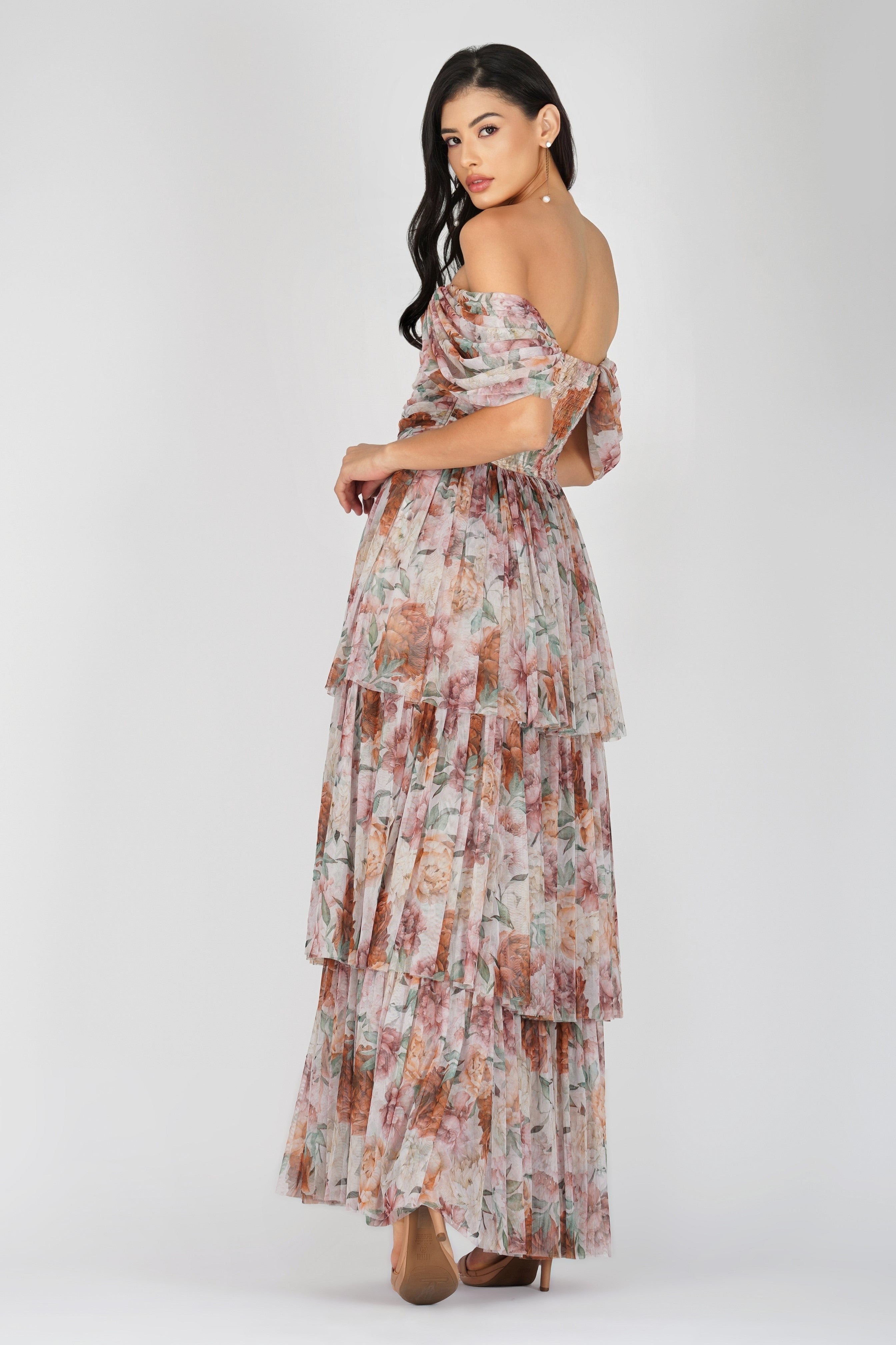 Sydney Off Shoulder Tulle Maxi Dress in Brown Floral – Lace & Beads