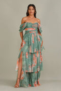 sage green peach floral print off-shoulder rouched bodice maxi dress