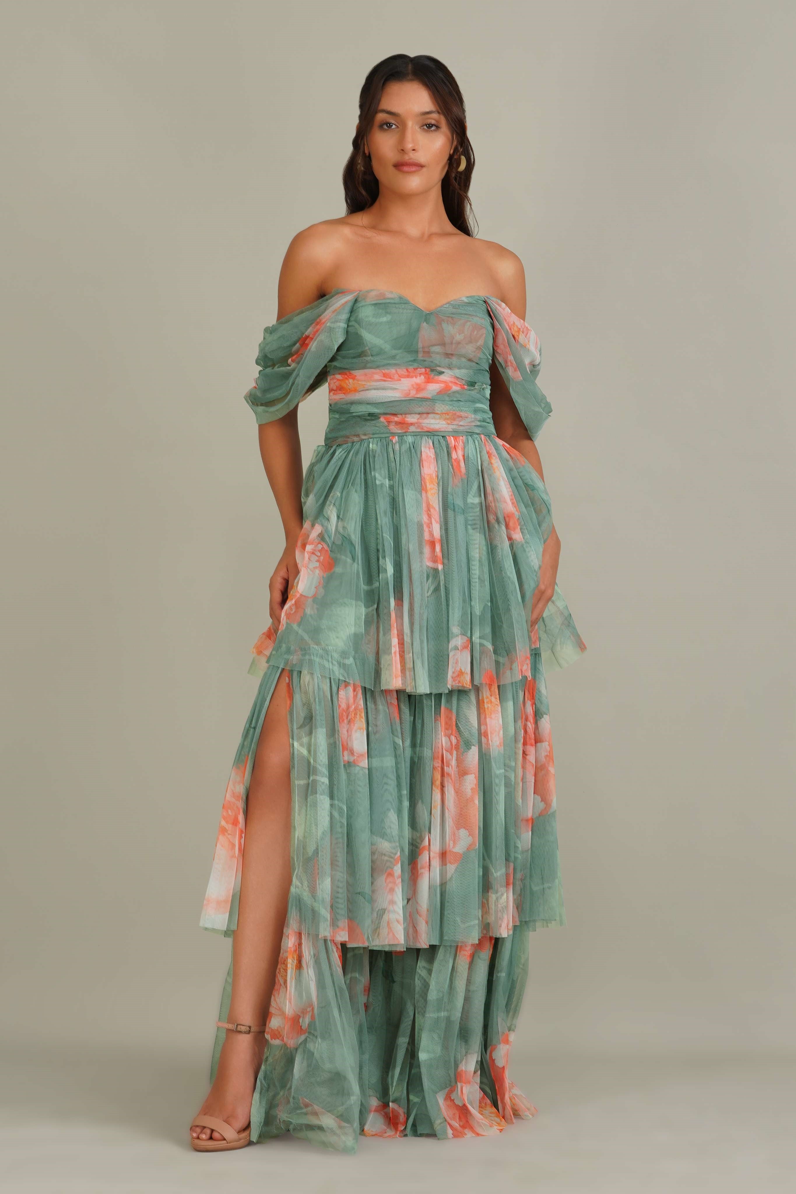 sage green peach floral print off-shoulder rouched bodice maxi dress