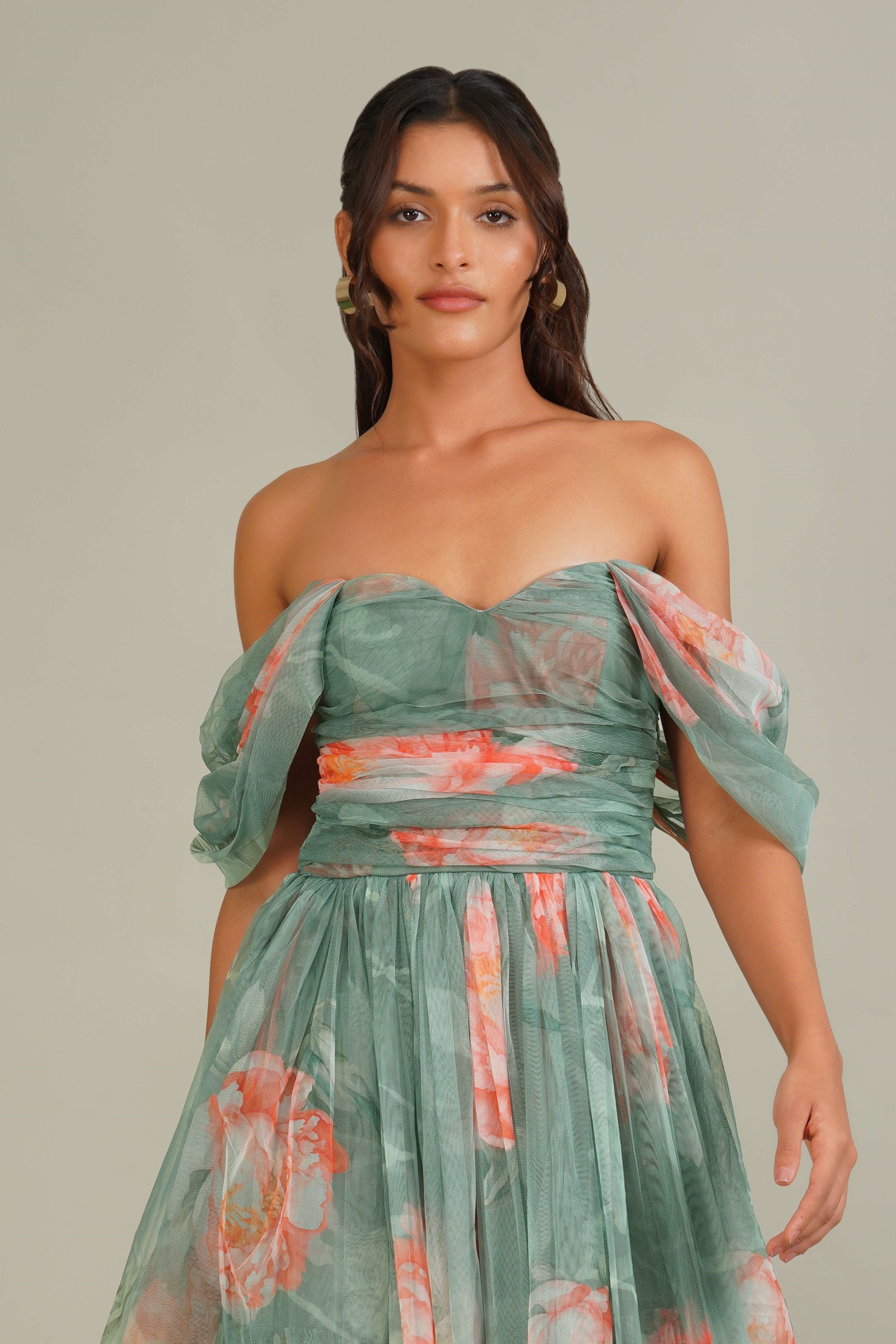 Sydney Tulle Maxi Dress in Sage Green Floral