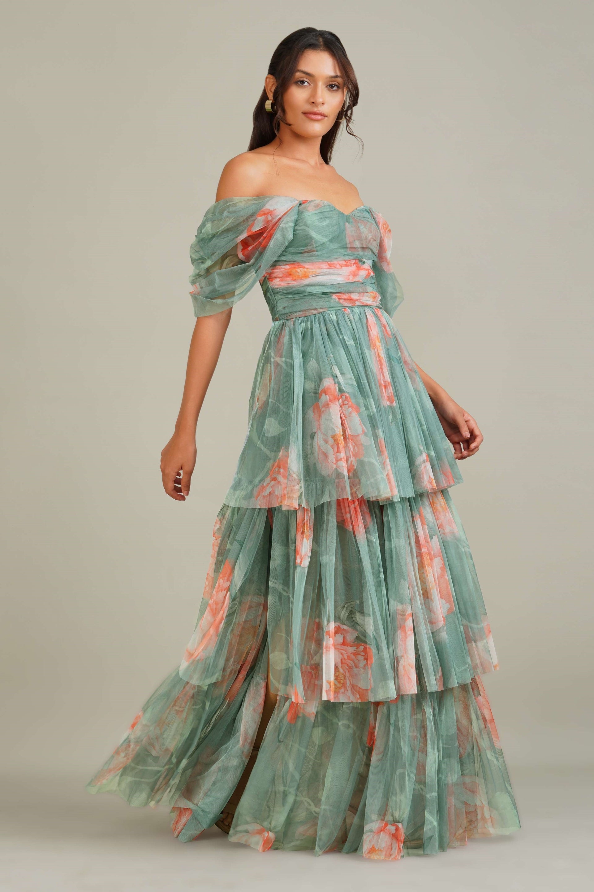 Sydney Tulle Maxi Dress in Sage Green Floral