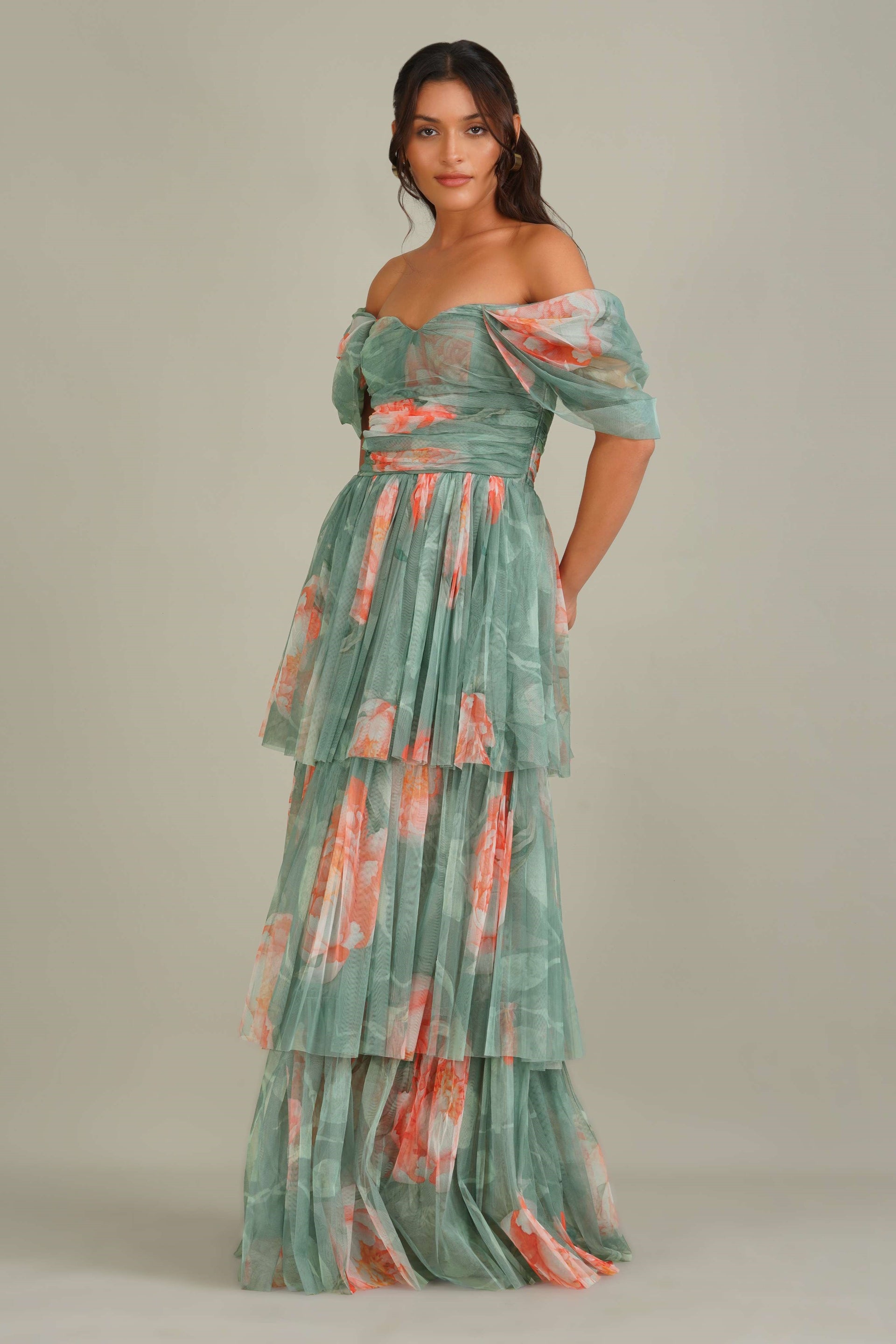 Sydney Tulle Maxi Dress in Sage Green Floral