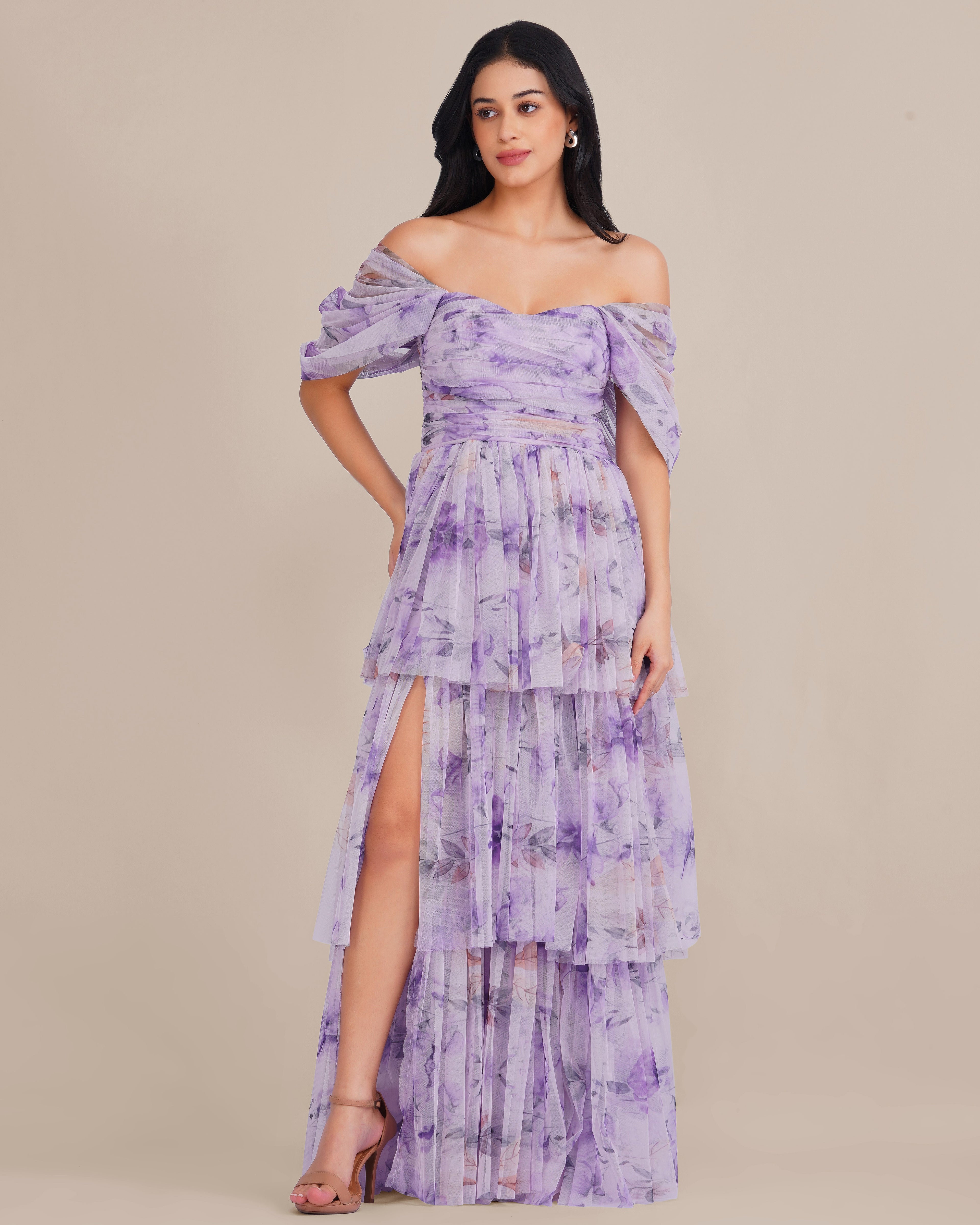 Sydney Soft Tulle Maxi Dress in Lilac Floral