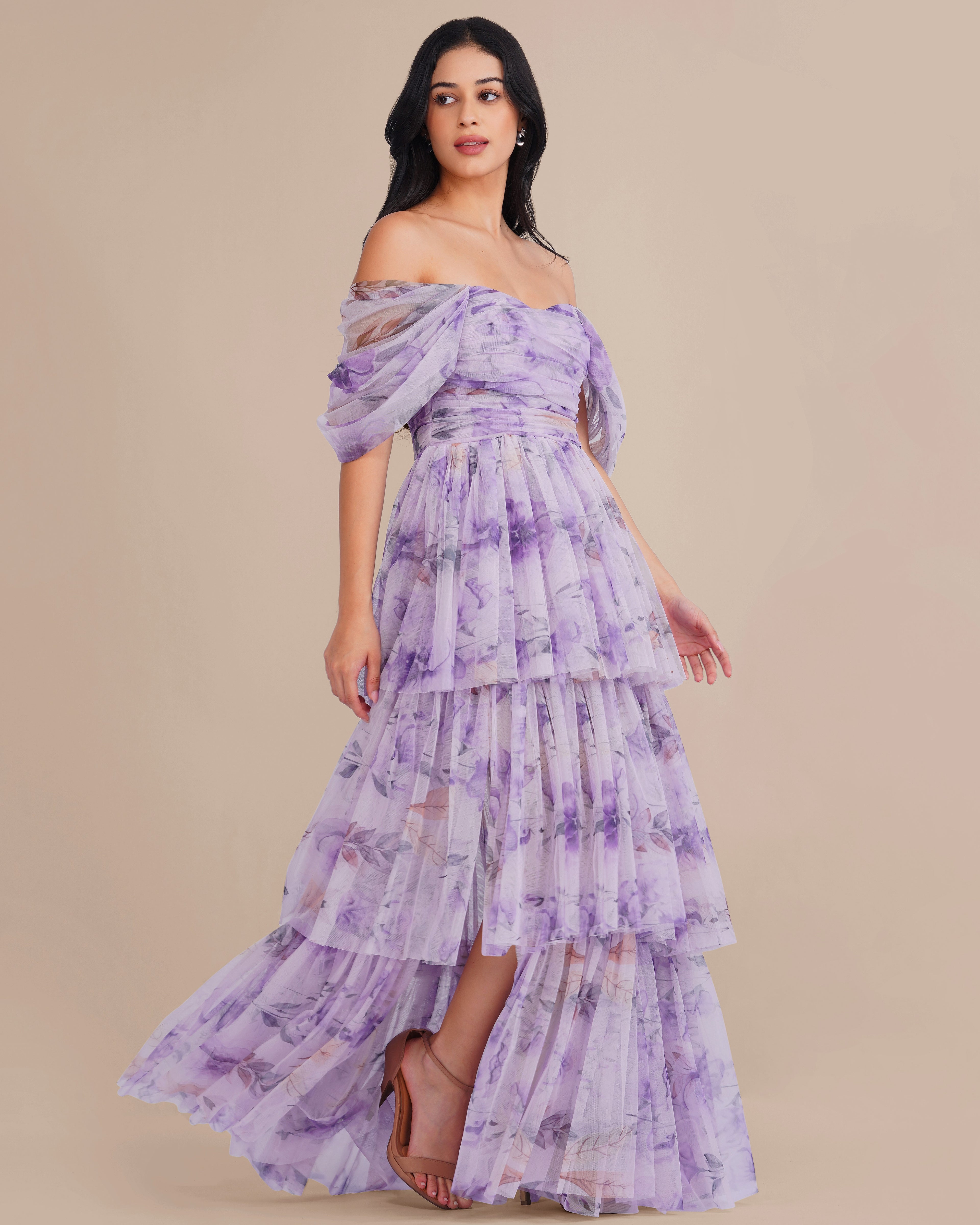 Sydney Soft Tulle Maxi Dress in Lilac Floral