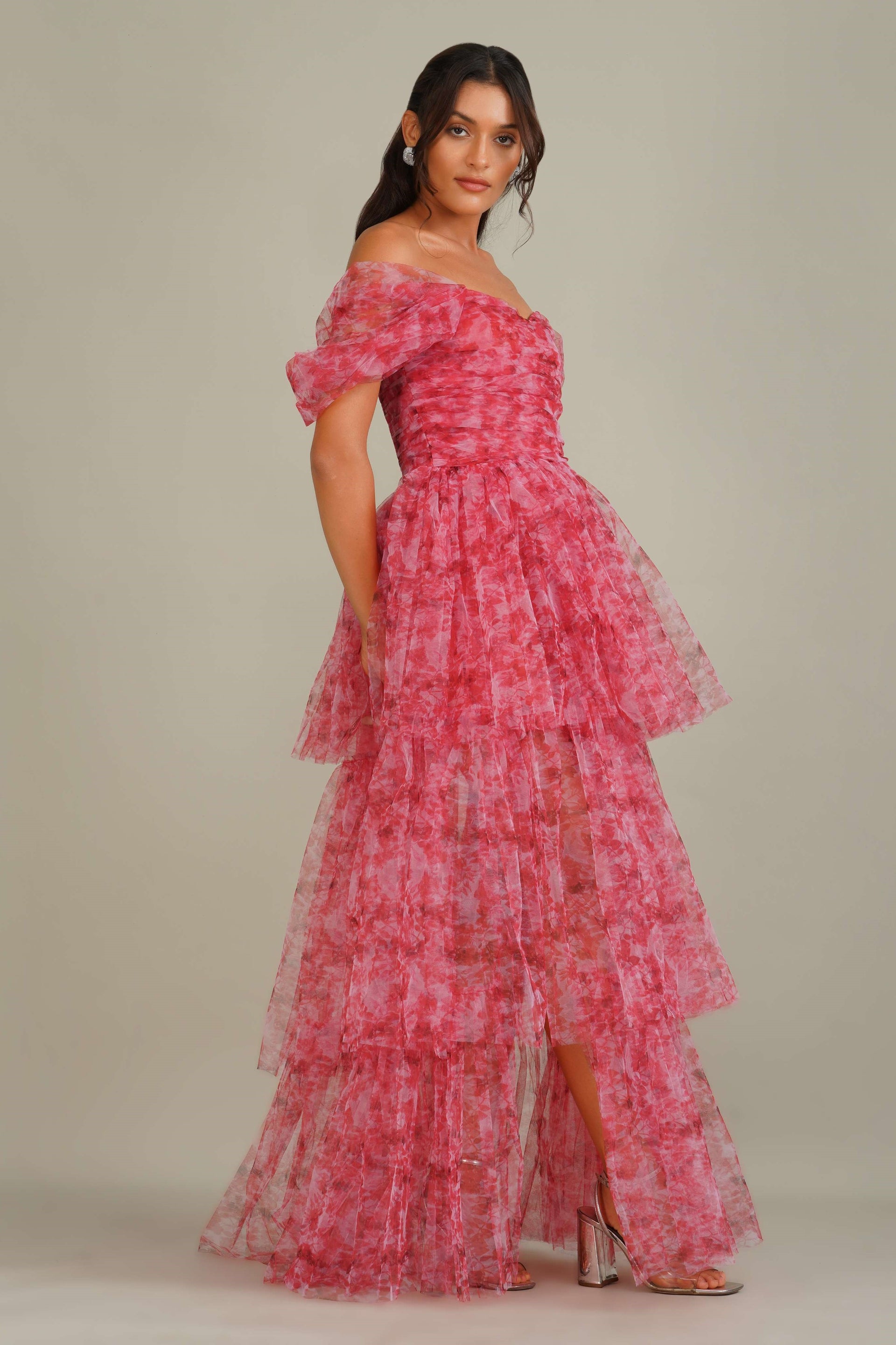 Sydney Tulle Maxi Dress in Red Print