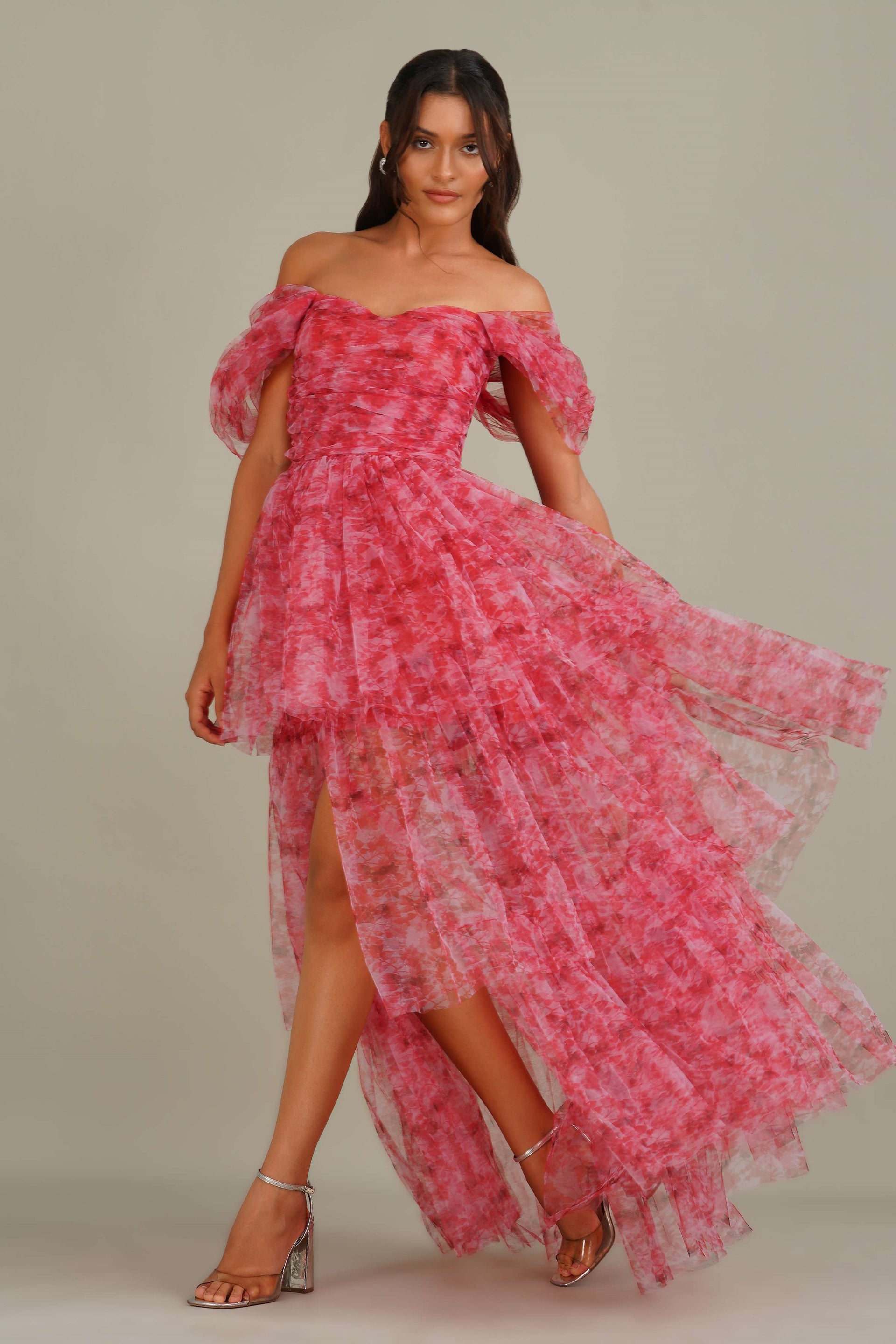 Sydney Tulle Maxi Dress in Red Print
