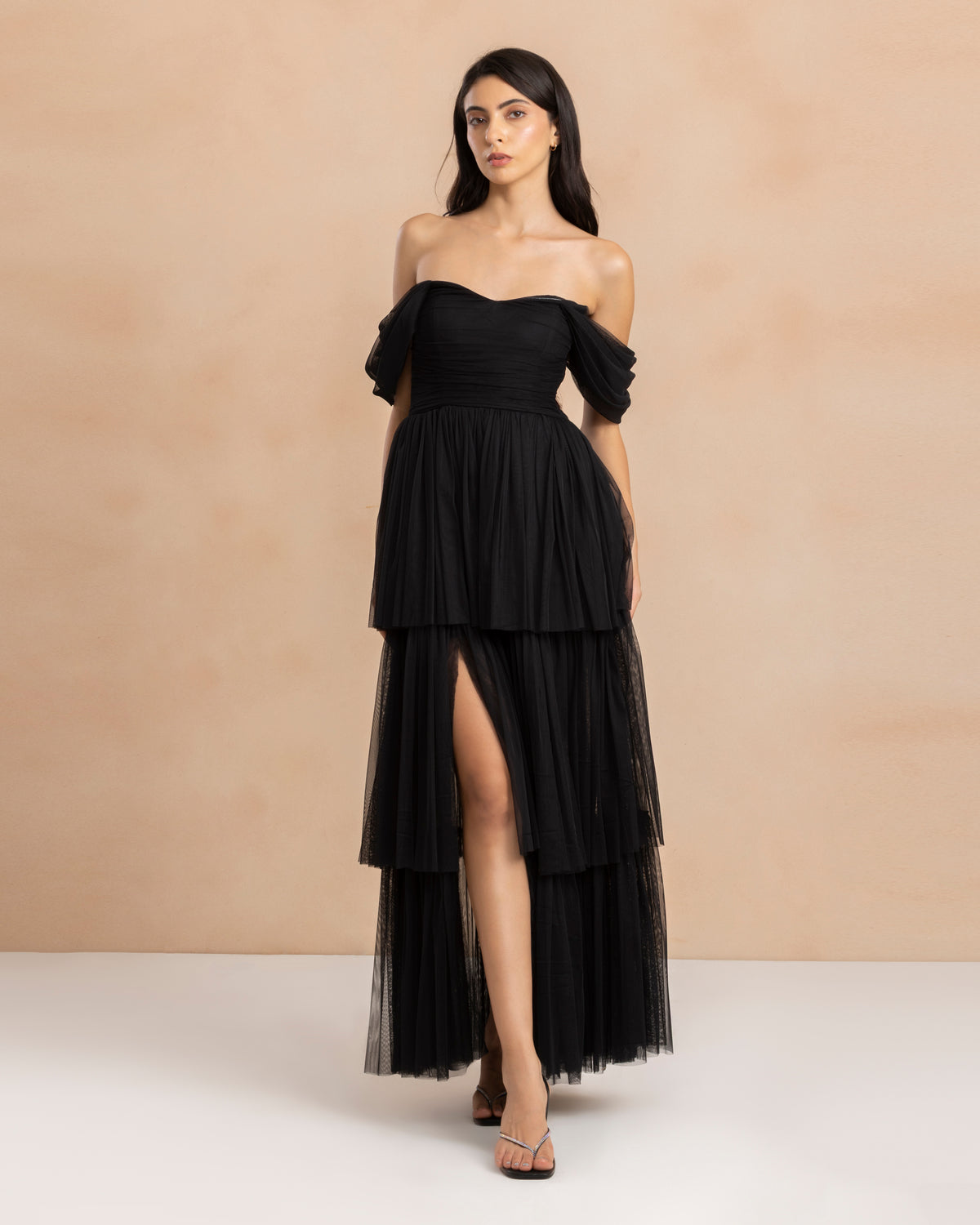 Sydney Off Shoulder Soft Tulle Maxi Dress in Black