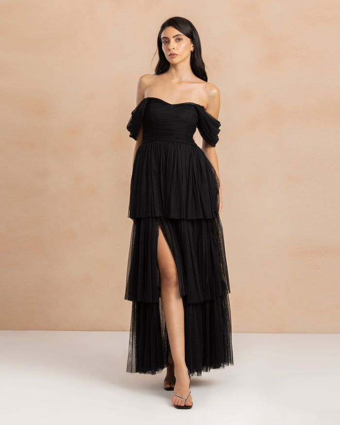 Sydney Off Shoulder Soft Tulle Maxi Dress in Black