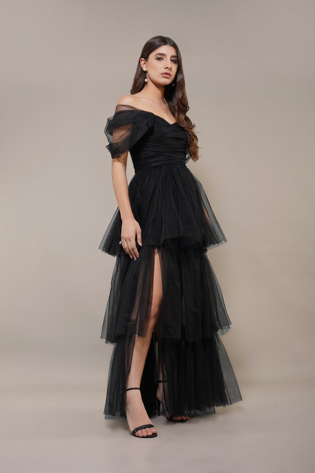 Sydney Off Shoulder Tulle Maxi Dress in Black