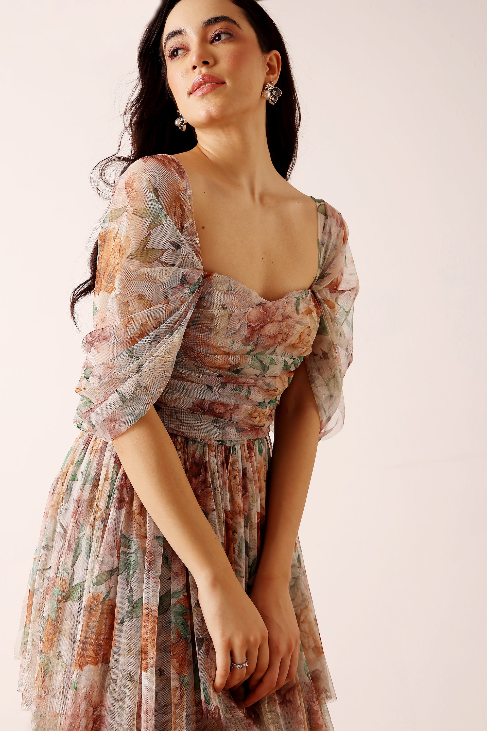 Sydney Off Shoulder Tulle Maxi Dress in Brown Floral