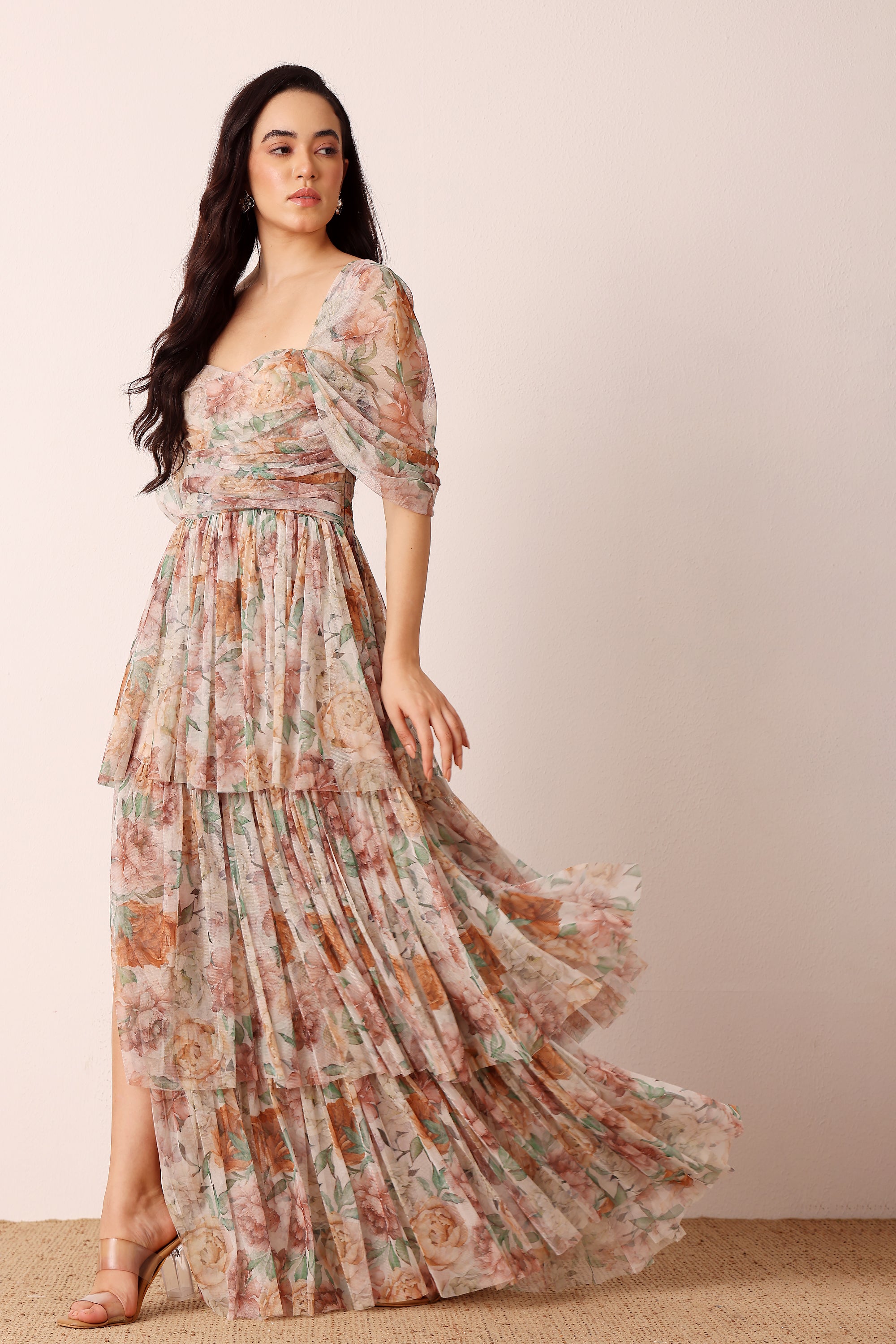 Sydney Off Shoulder Tulle Maxi Dress in Brown Floral