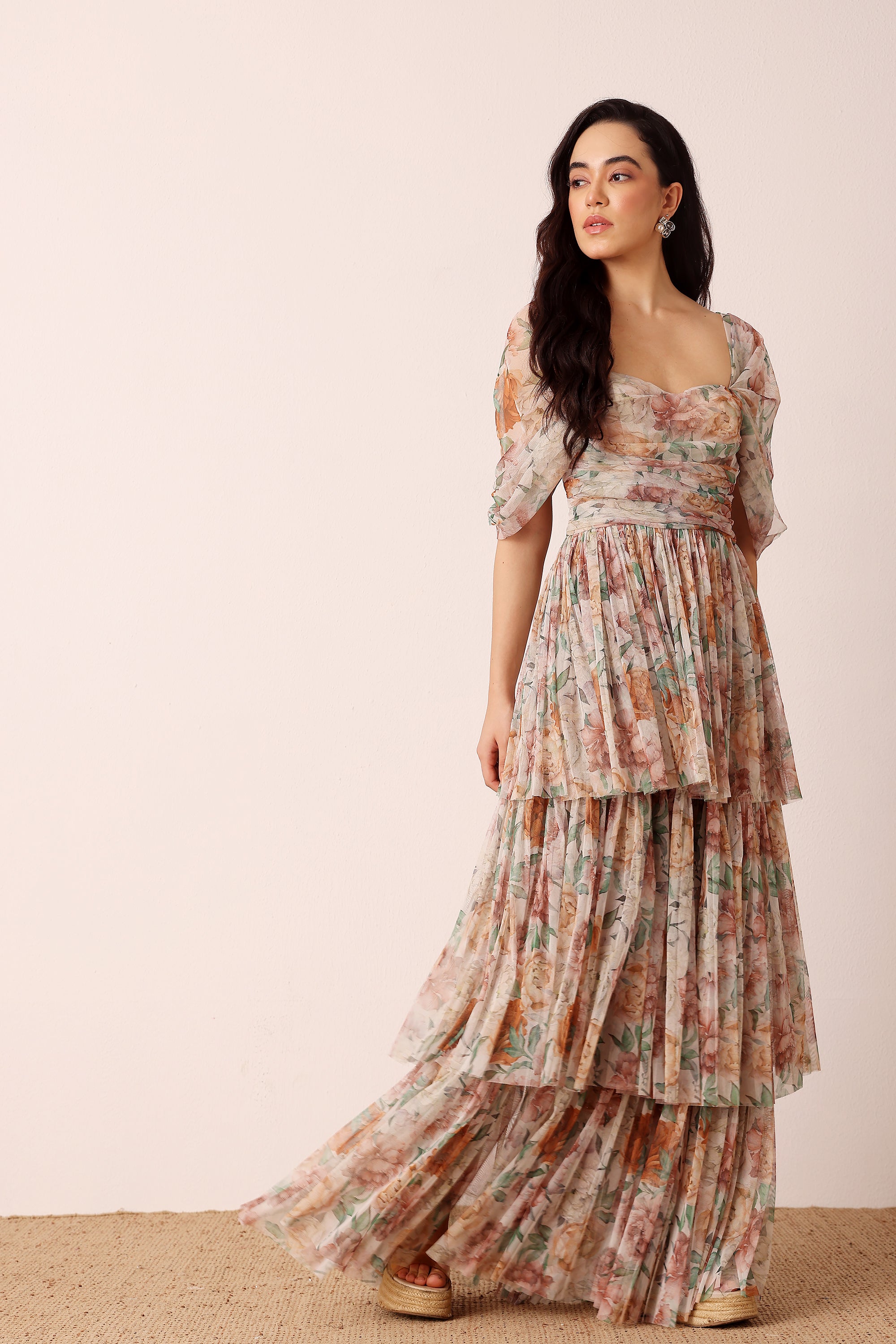 Sydney Off Shoulder Tulle Maxi Dress in Brown Floral