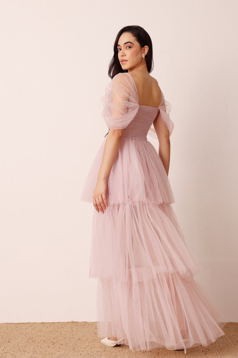 Sydney Off Shoulder Tulle Maxi Dress in Dusty Pink – Lace & Beads