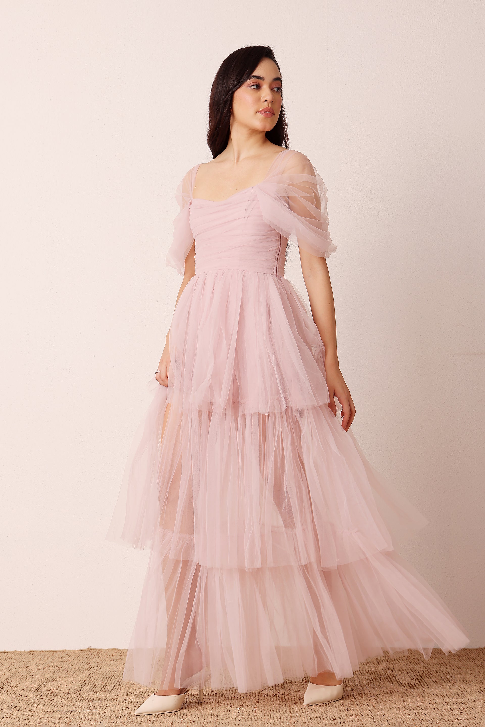Sydney Off Shoulder Tulle Maxi Dress in Dusty Pink