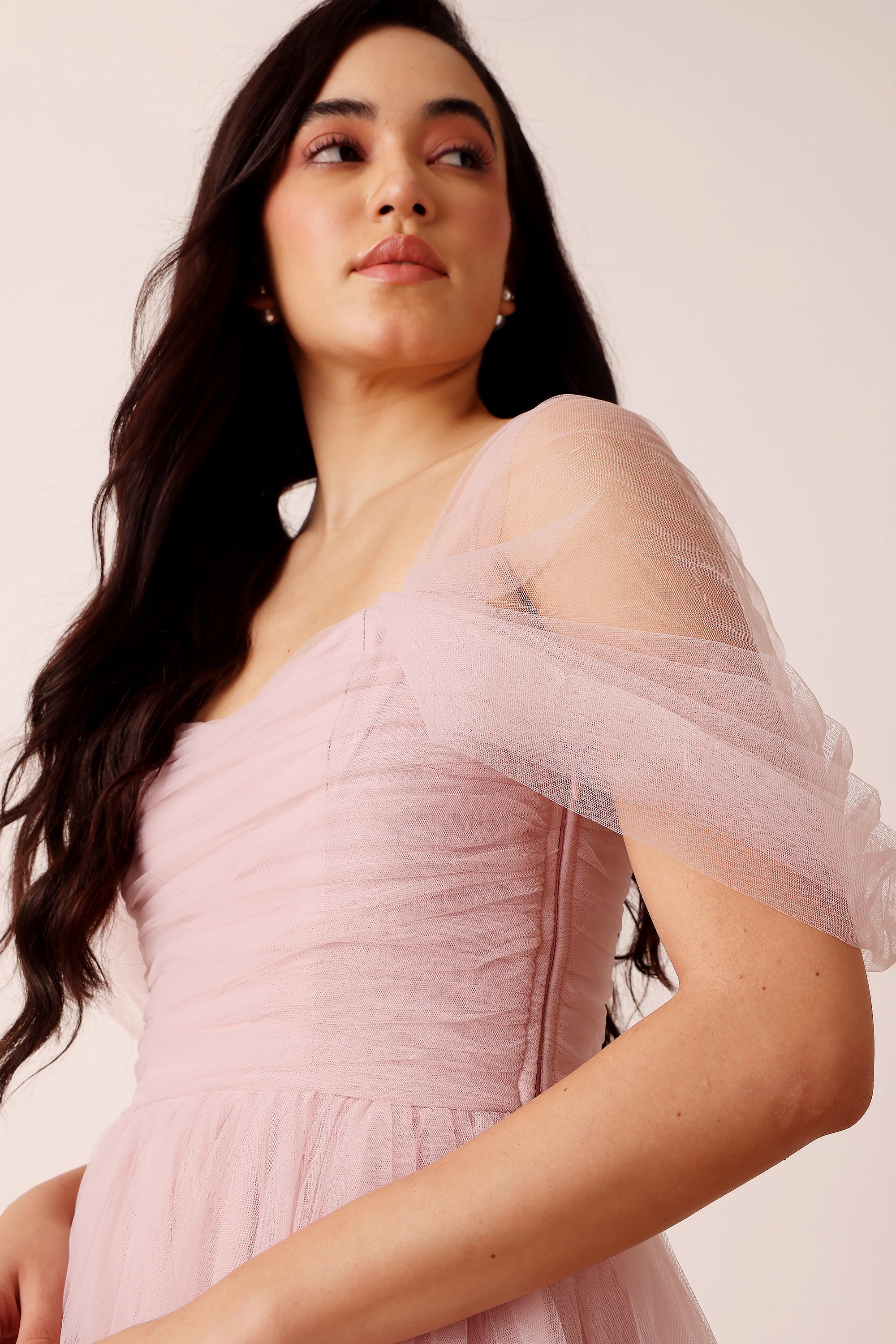 Sydney Off Shoulder Tulle Maxi Dress in Dusty Pink