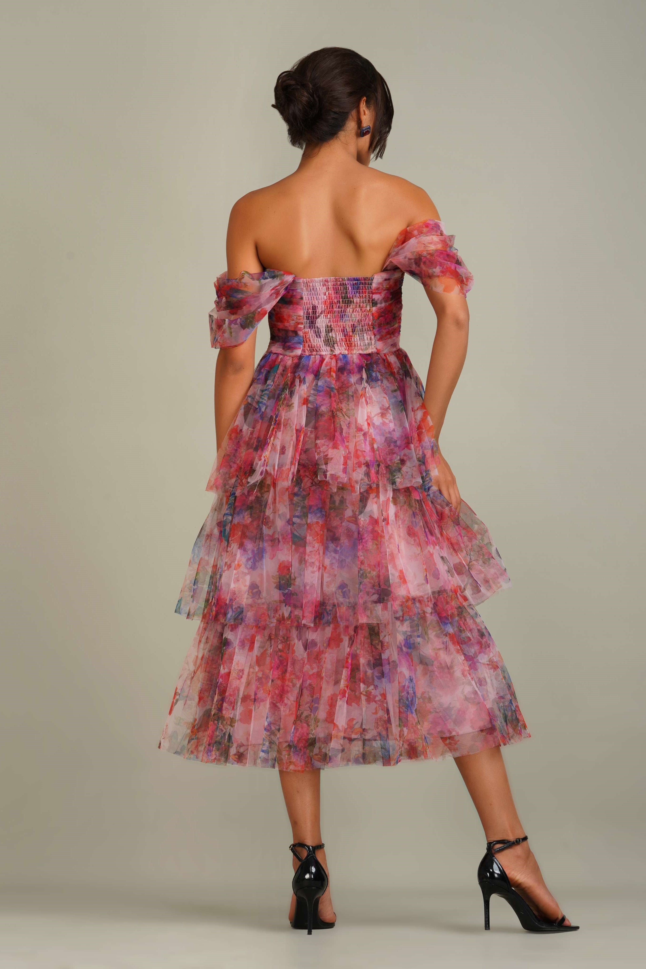 Sydney Tulle Midi Dress in Rose Floral