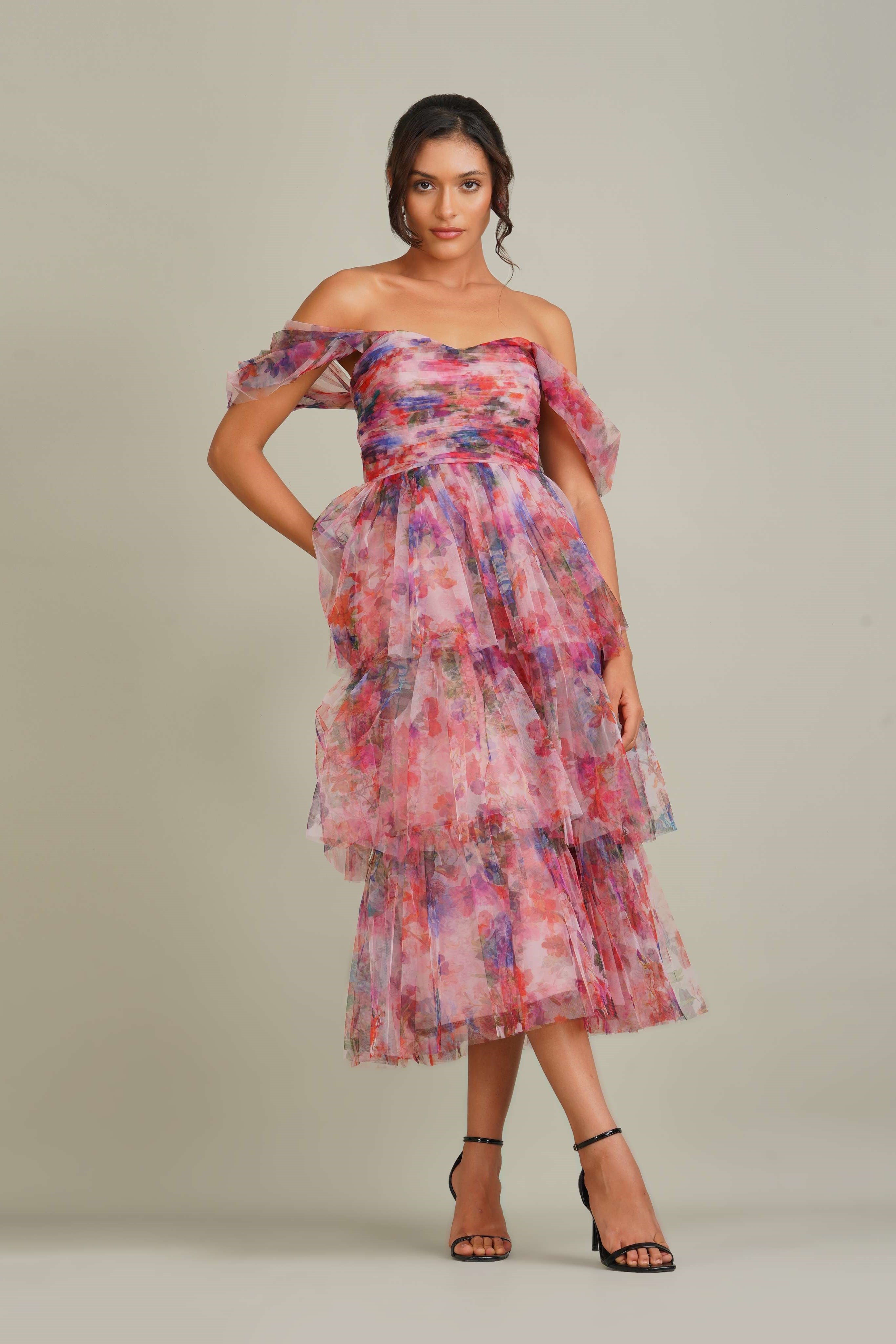 Sydney Tulle Midi Dress in Rose Floral
