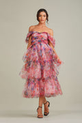 Off Shoulder Floral Pink Print Layered Midi Dress